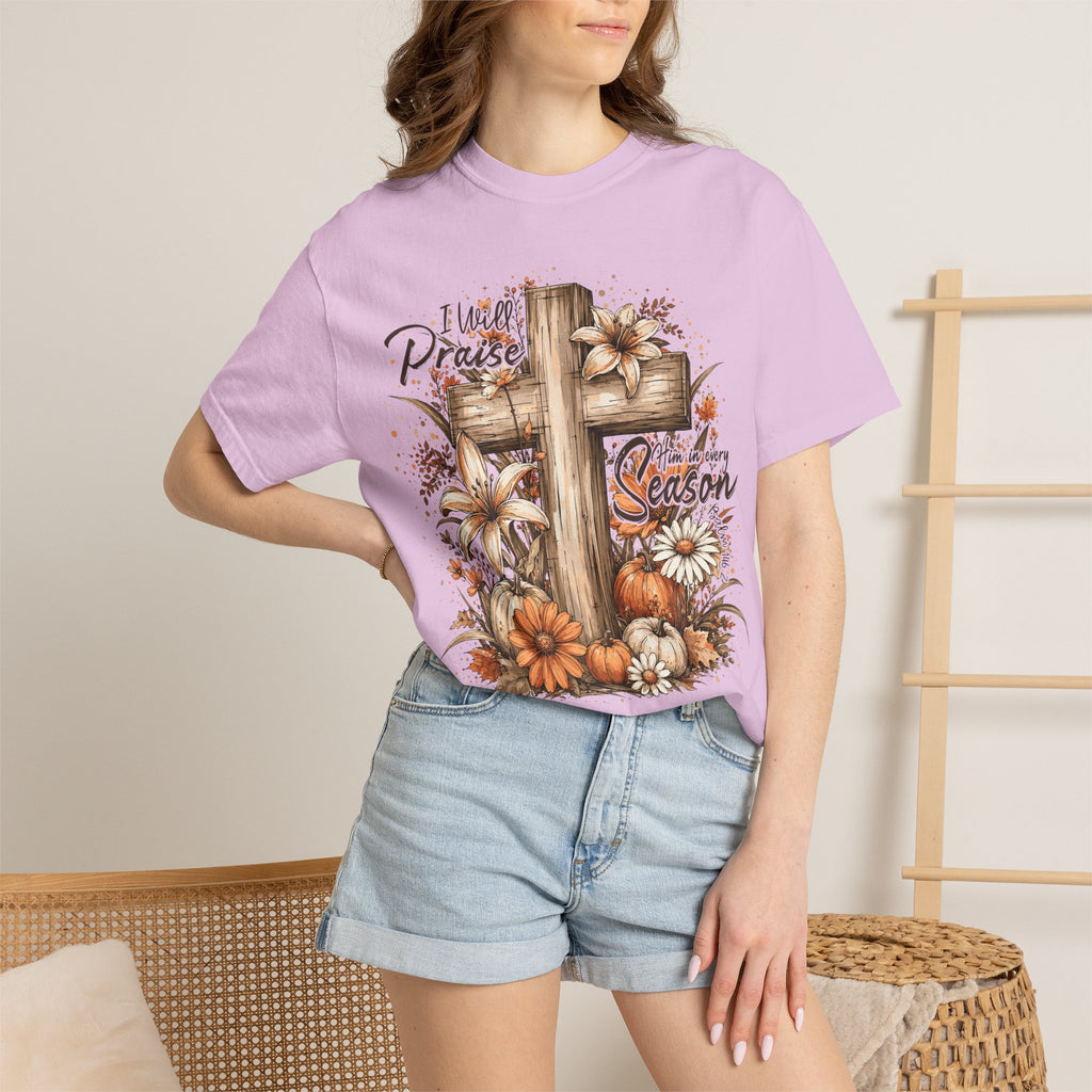 Tee Shirt I Will Praise Every Season Cross with Fall Pumpkins and Flowers