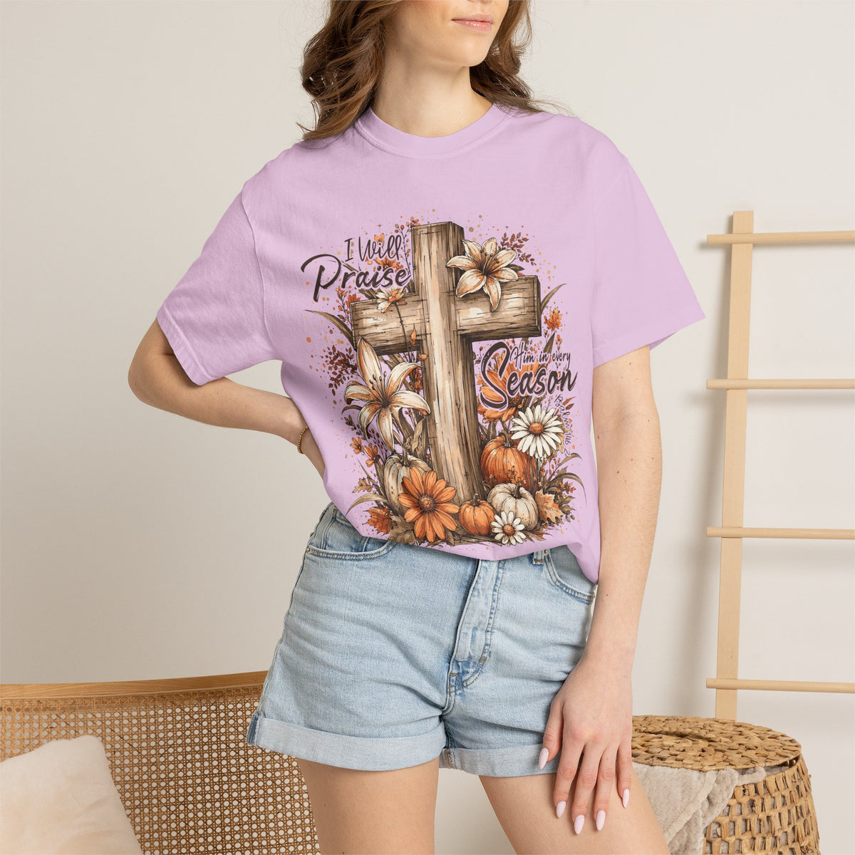 Tee Shirt I Will Praise Every Season Cross with Fall Pumpkins and Flowers