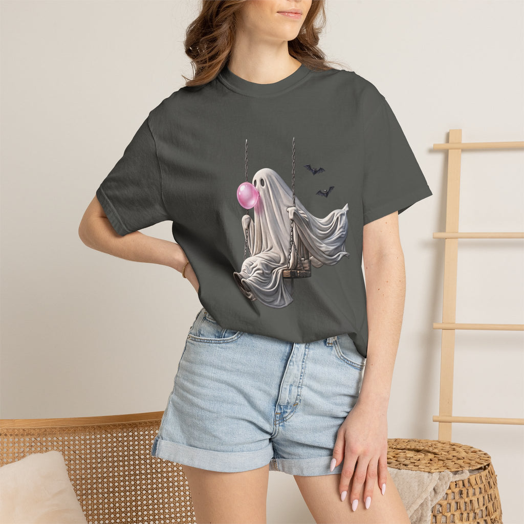 Ghost on Swing Tee Shirt | Cute Halloween Ghost Blowing Bubblegum, Bats