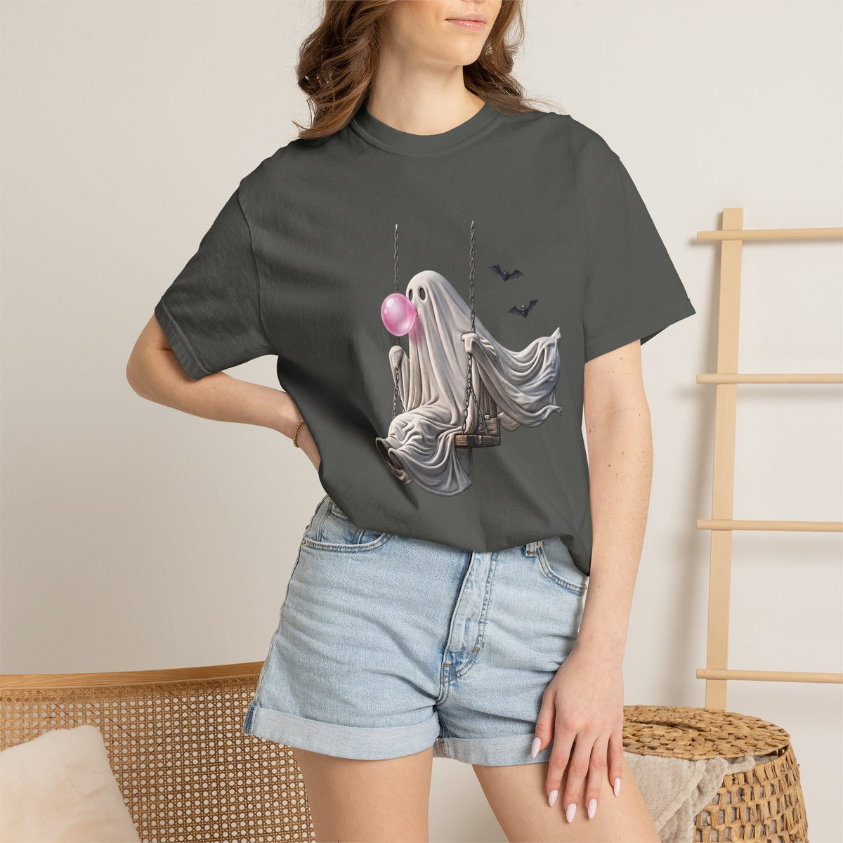 Ghost on Swing Tee Shirt | Cute Halloween Ghost Blowing Bubblegum, Bats