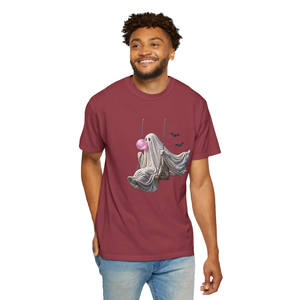 Ghost on Swing Tee Shirt | Cute Halloween Ghost Blowing Bubblegum, Bats