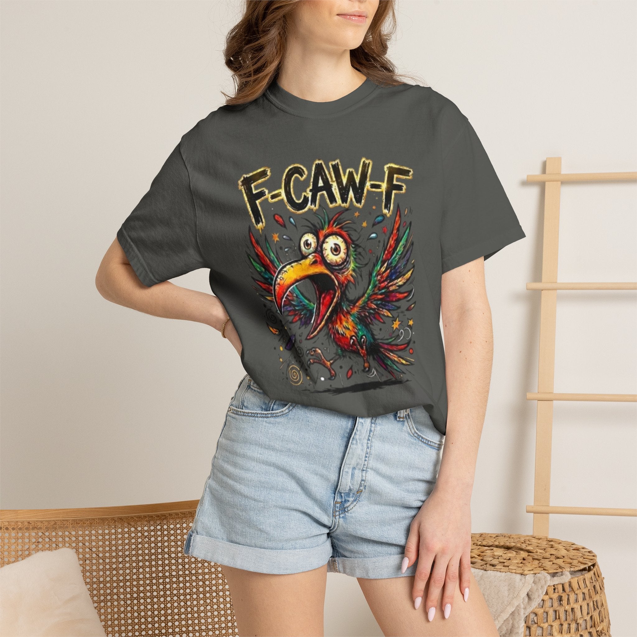 F-CAW-F Cartoon Parrot T-Shirt Colorful Tropical Bird Graphic Tee