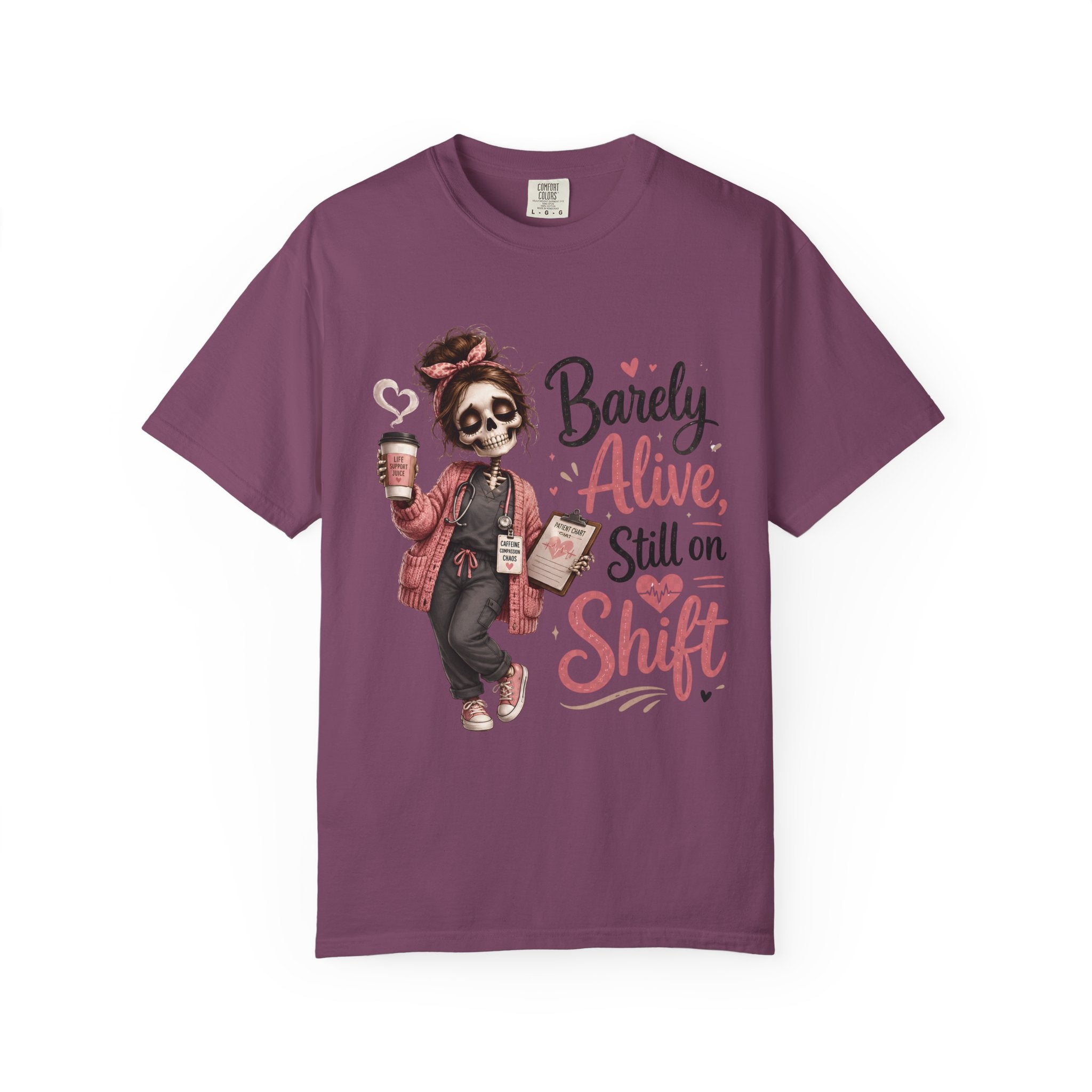 T Shirt Barely Alive Still on Shift Skeleton Barista Graphic Tee