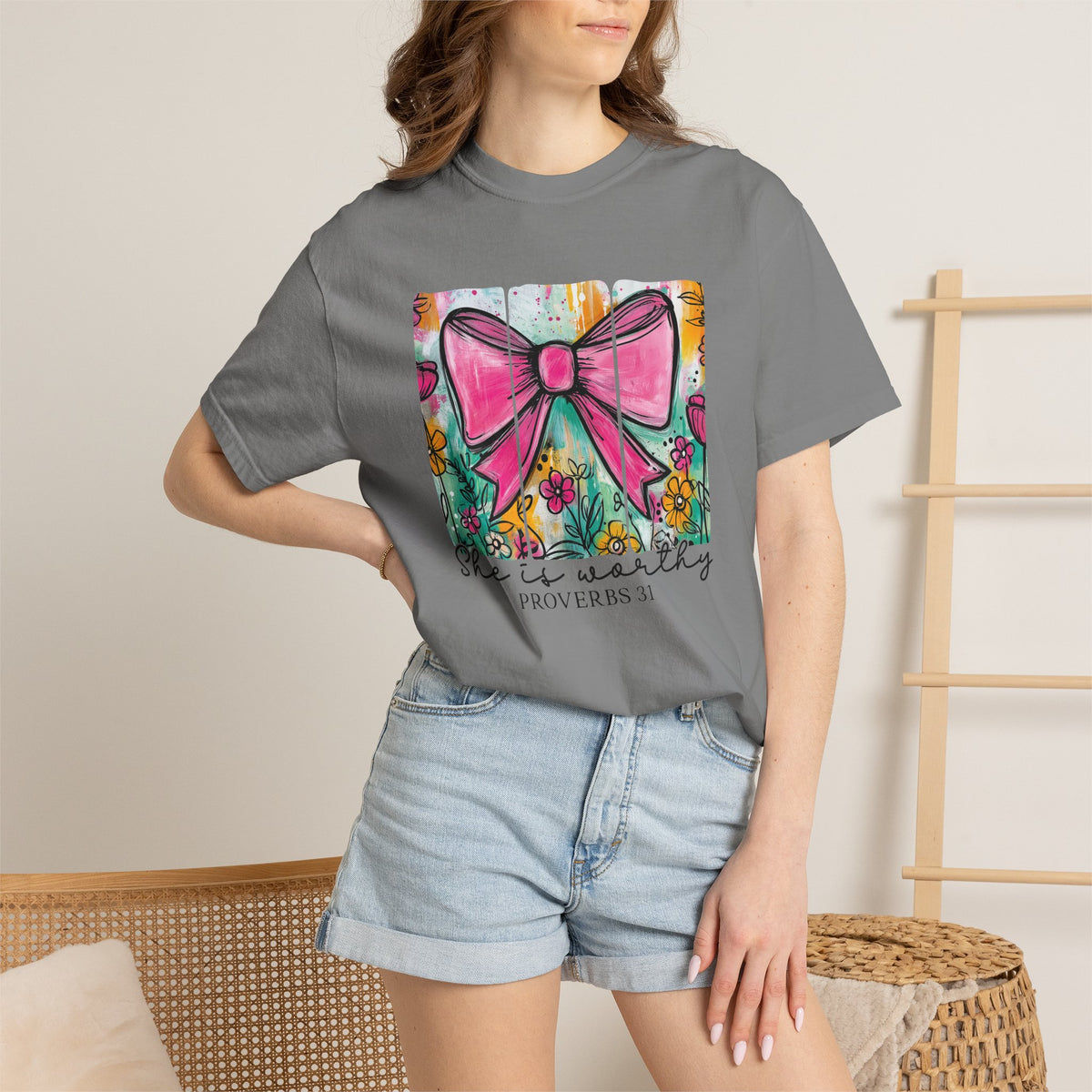 Pink Bow Floral Illustration Tee Shirt | She is Worthy Proverbs 31 Christian Tee
