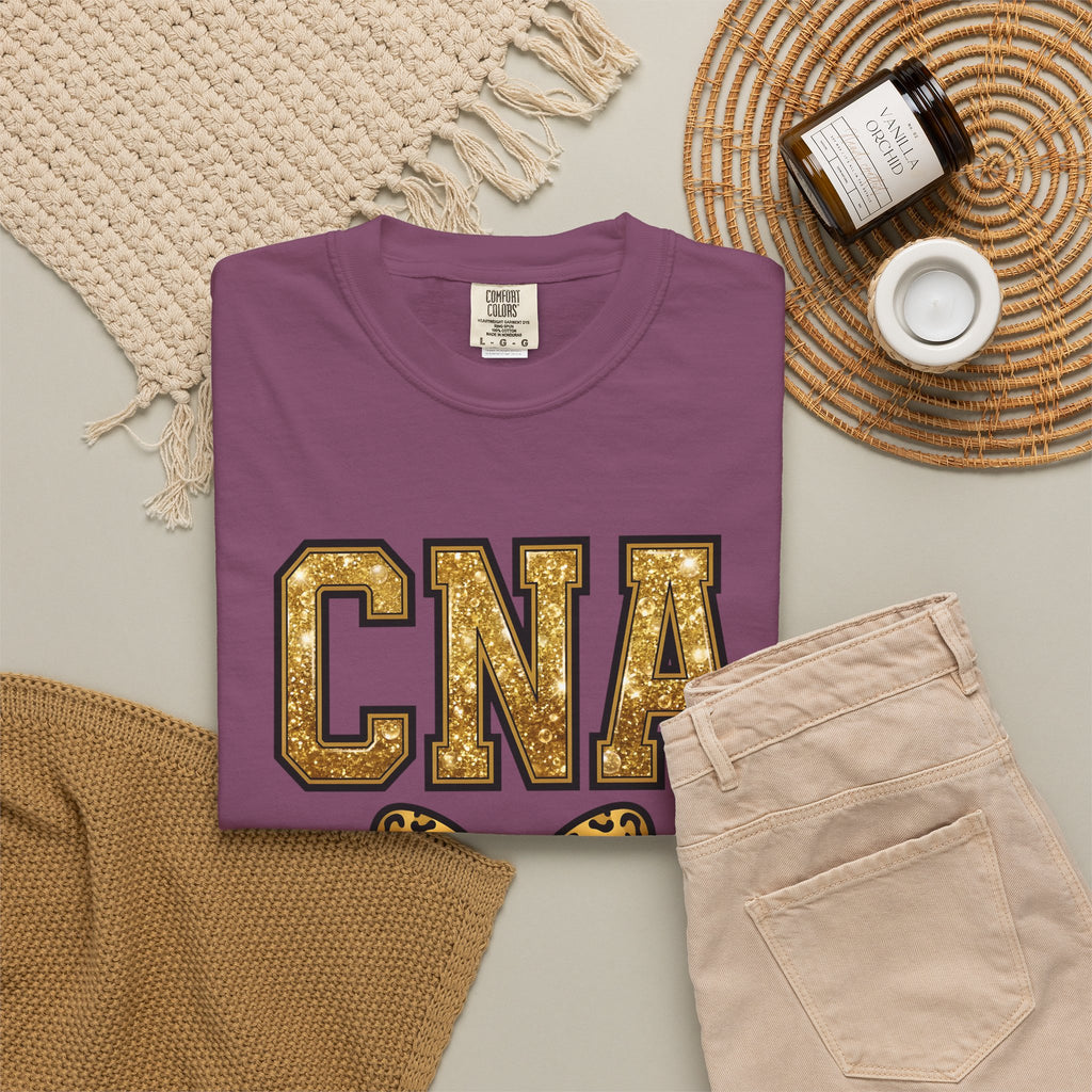 CNA Leopard Bow T Shirt Sparkle Gold Nurse Aide Tee