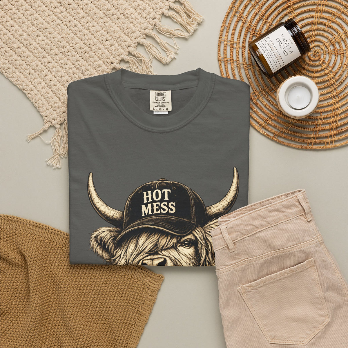 Hot Mess Highland Cow T Shirt Funny Cow with Coffee Graphic
