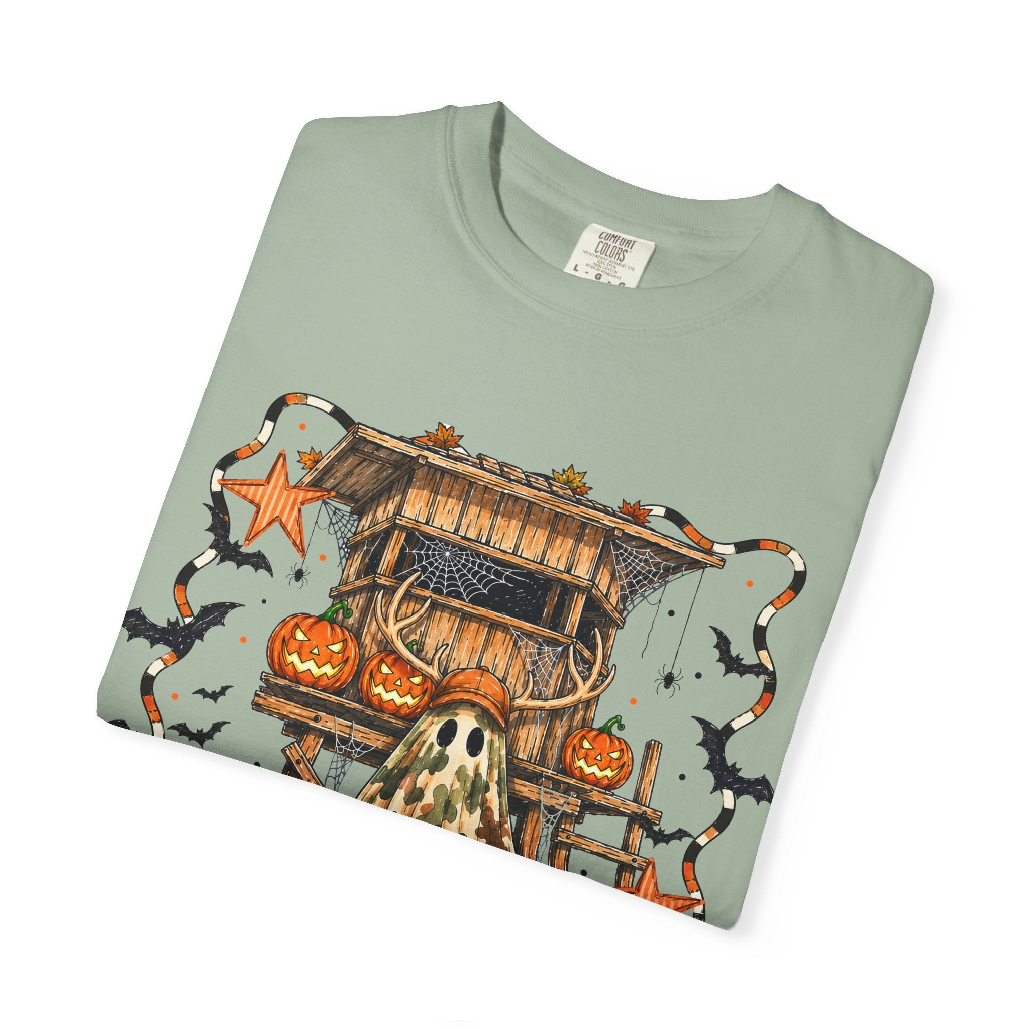 Halloween Ghost Treehouse T-Shirt Front and Back 31 October Camo Pumpkin Tee