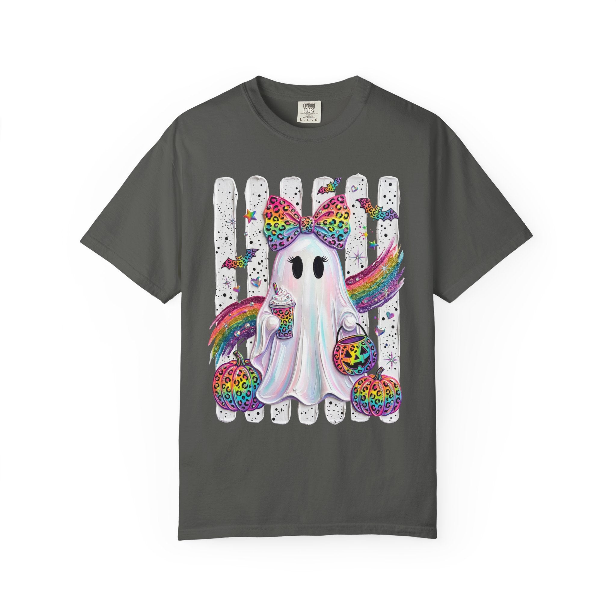 Halloween Rainbow Ghost T Shirt Cute Glittery Ghost with Rainbow Bow and Pumpkins