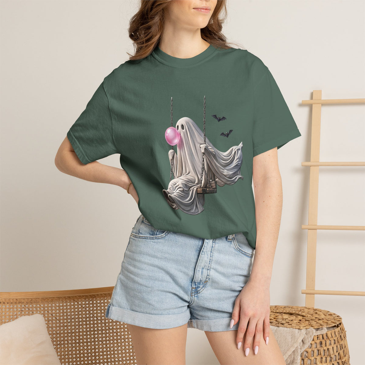 Ghost on Swing Tee Shirt | Cute Halloween Ghost Blowing Bubblegum, Bats