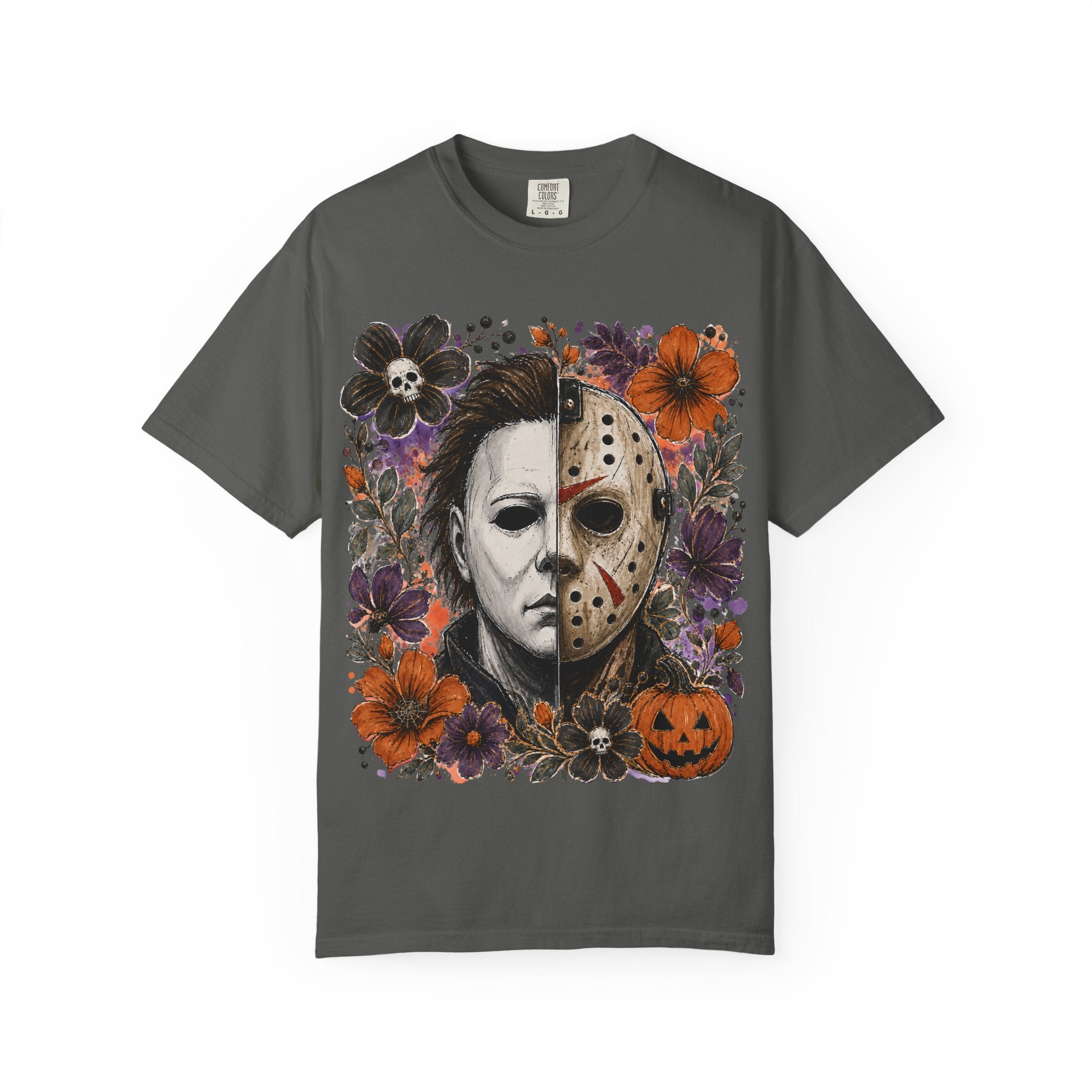 Horror Split Face Floral T Shirt Michael Myers and Jason Halloween Tee