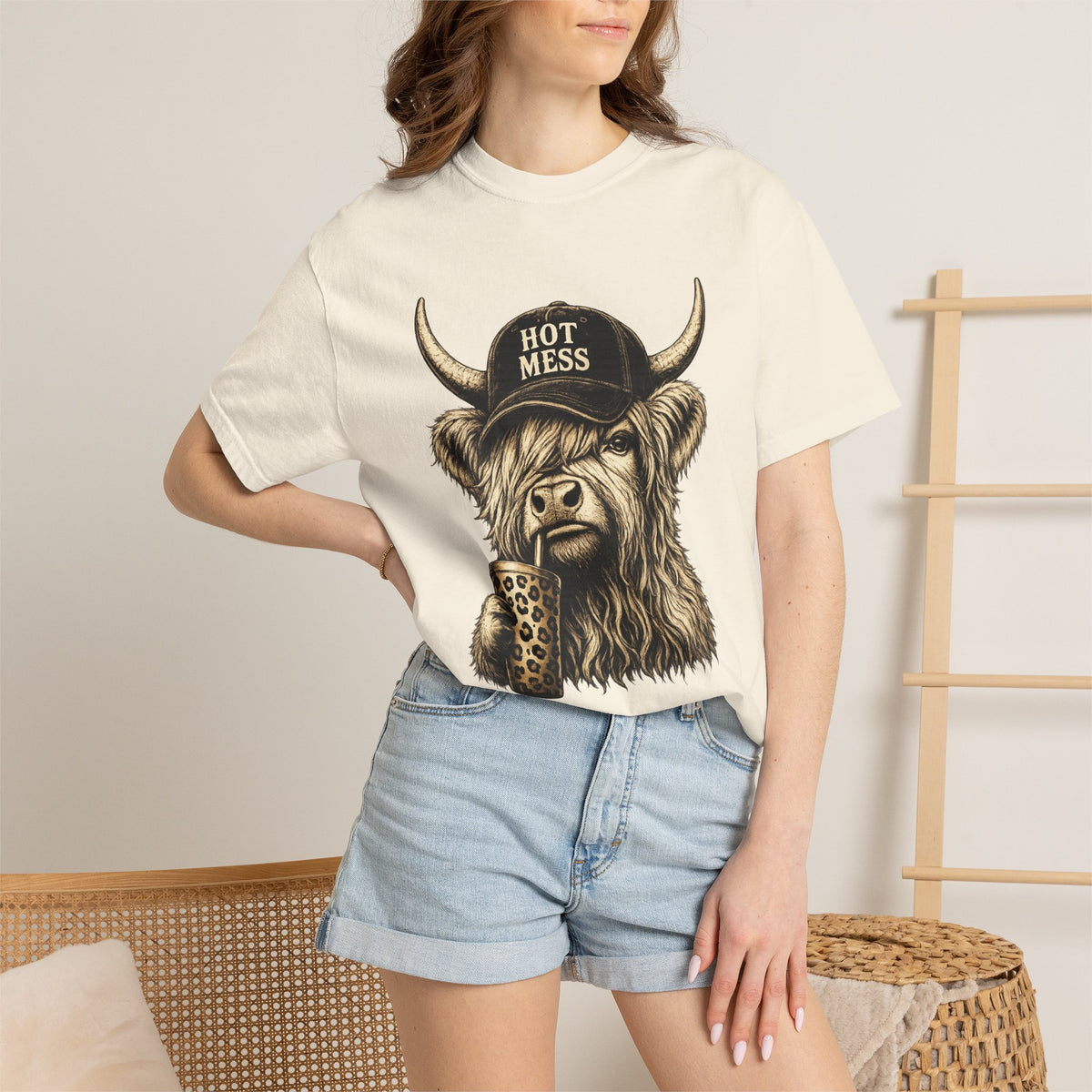 Hot Mess Highland Cow T Shirt Funny Cow with Coffee Graphic