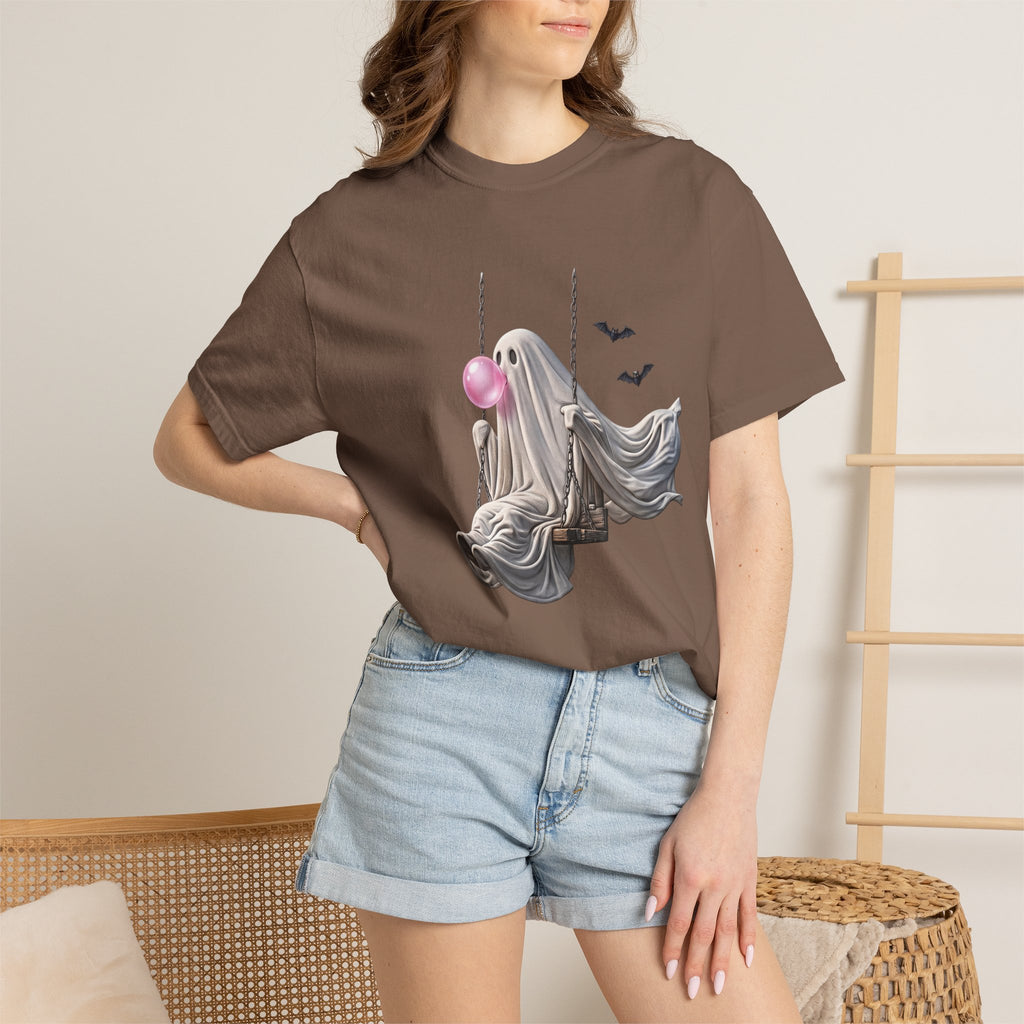 Ghost on Swing Tee Shirt | Cute Halloween Ghost Blowing Bubblegum, Bats