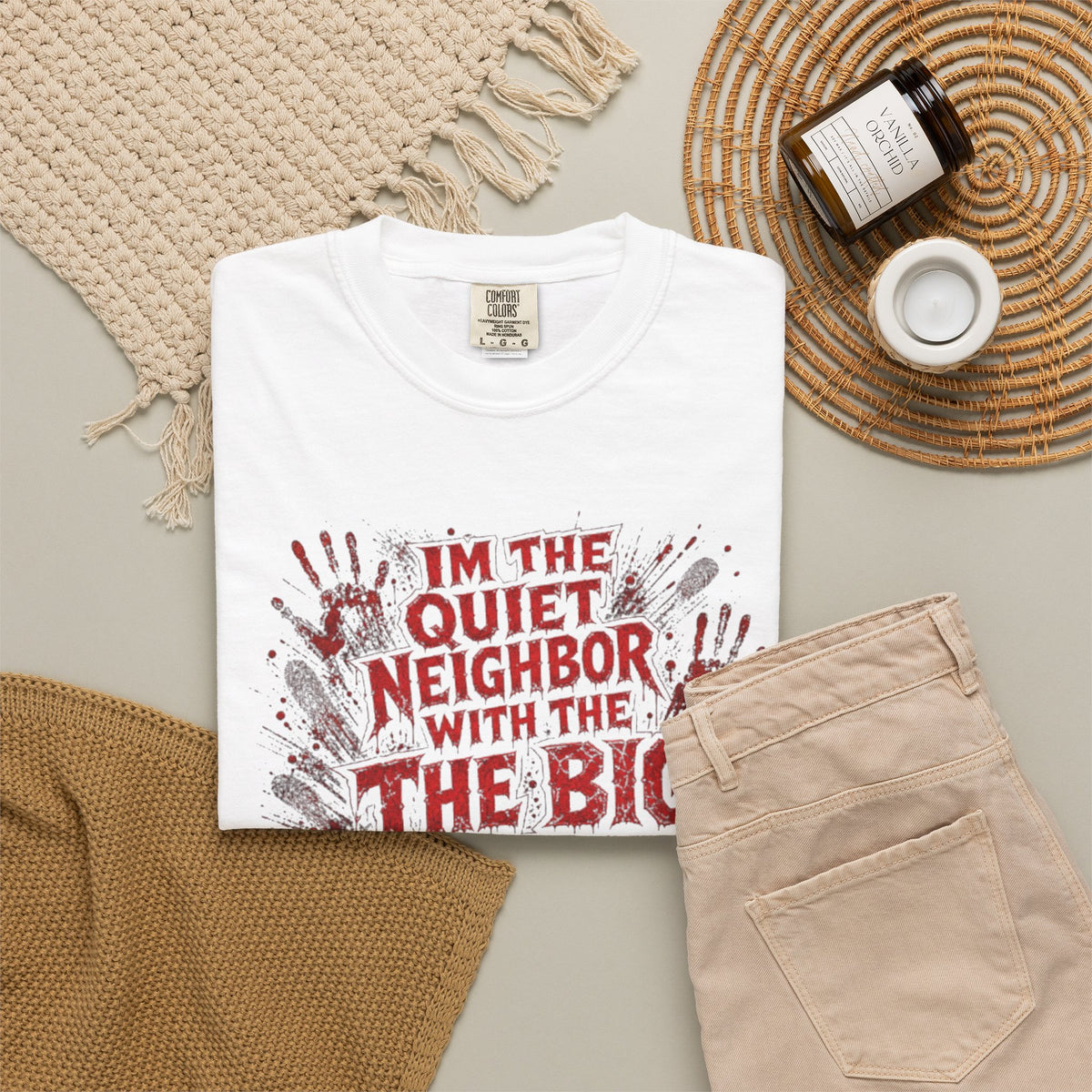 Graphic Tee Shirt Im the Quiet Neighbor with the Big Freezer Horror Handprint Tee