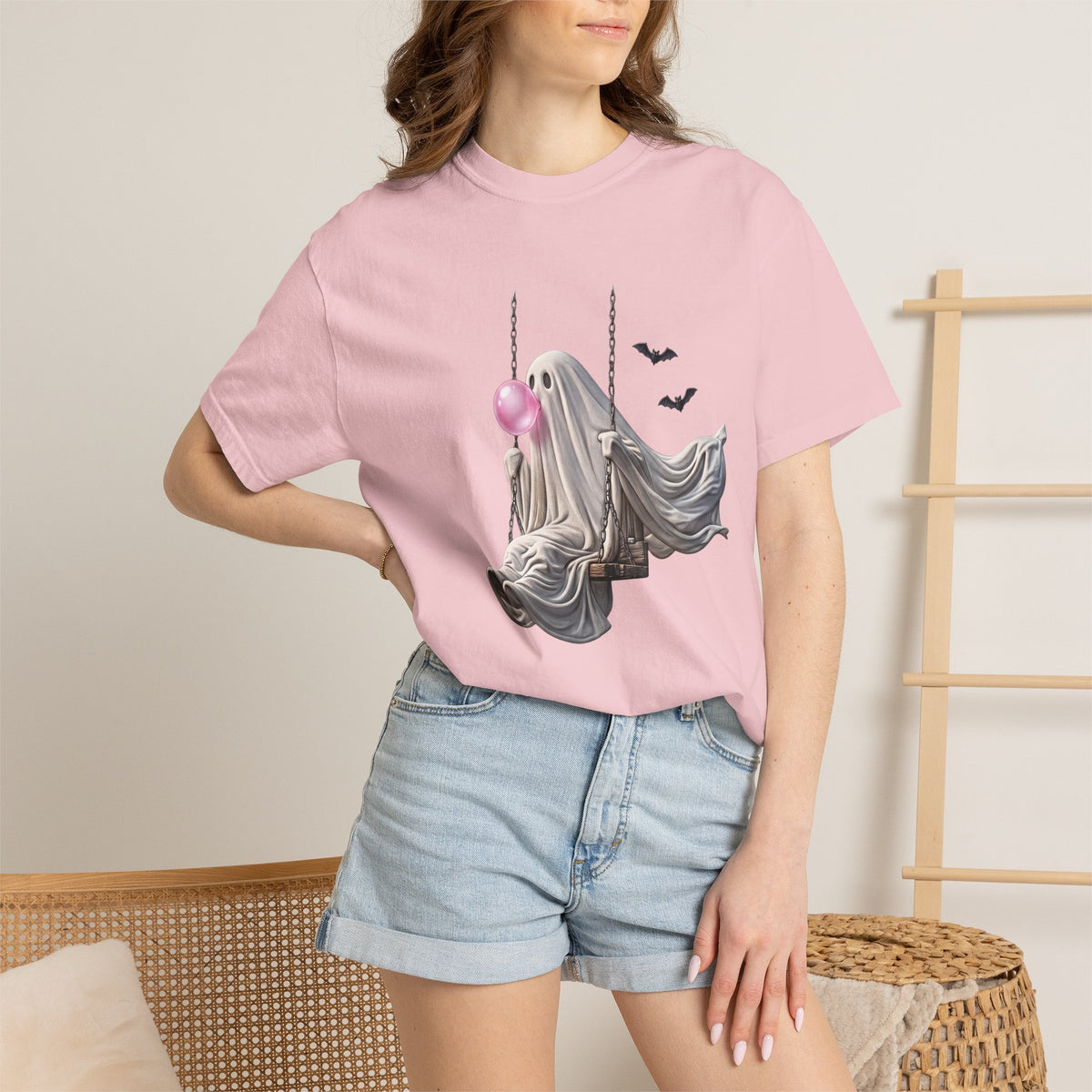 Ghost on Swing Tee Shirt | Cute Halloween Ghost Blowing Bubblegum, Bats
