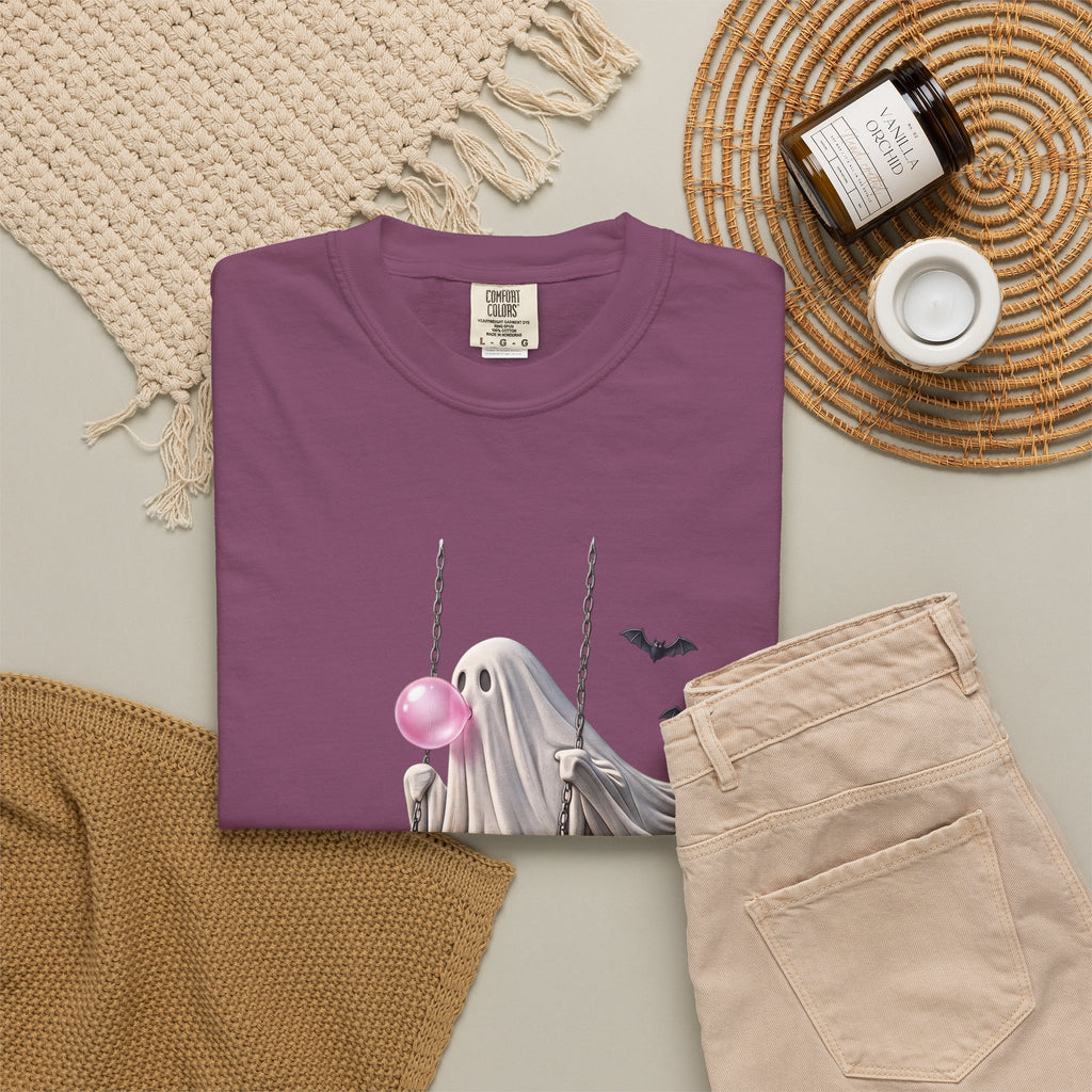 Ghost on Swing Tee Shirt | Cute Halloween Ghost Blowing Bubblegum, Bats