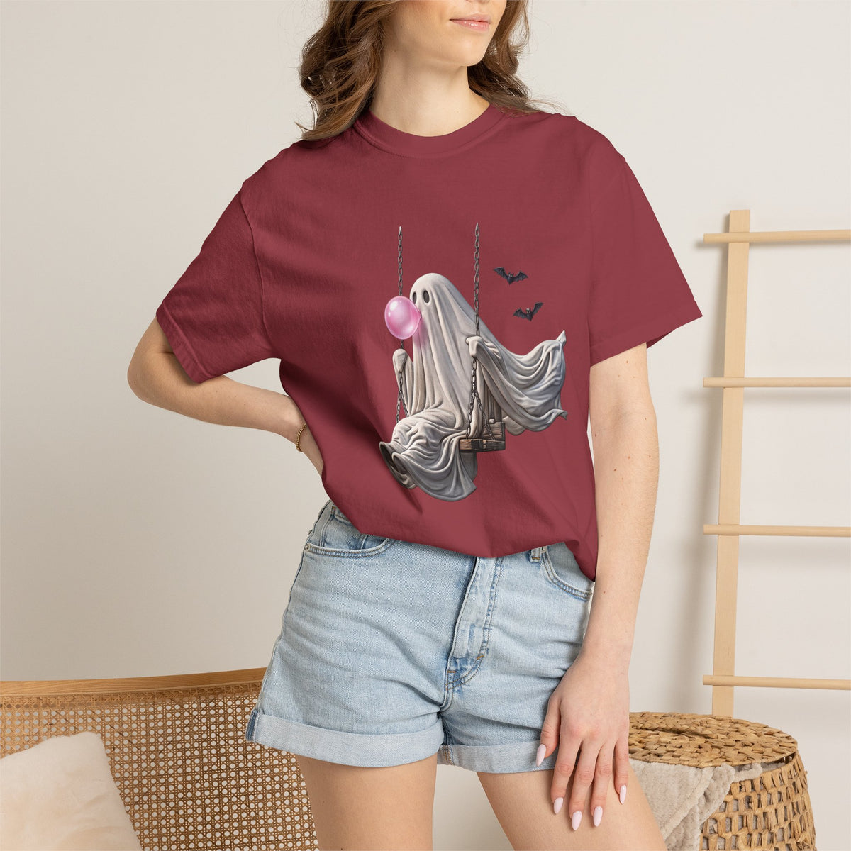 Ghost on Swing Tee Shirt | Cute Halloween Ghost Blowing Bubblegum, Bats