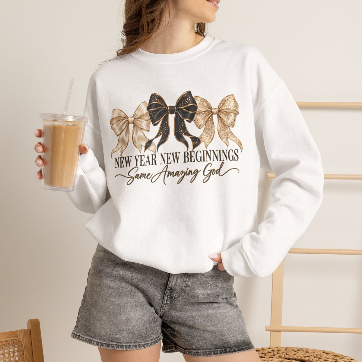 Christian New Year Sweatshirt, New Year New Beginnings Same Amazing God, Coquette Bow Crewneck, Faith Based New Years Eve Outfit, Christian