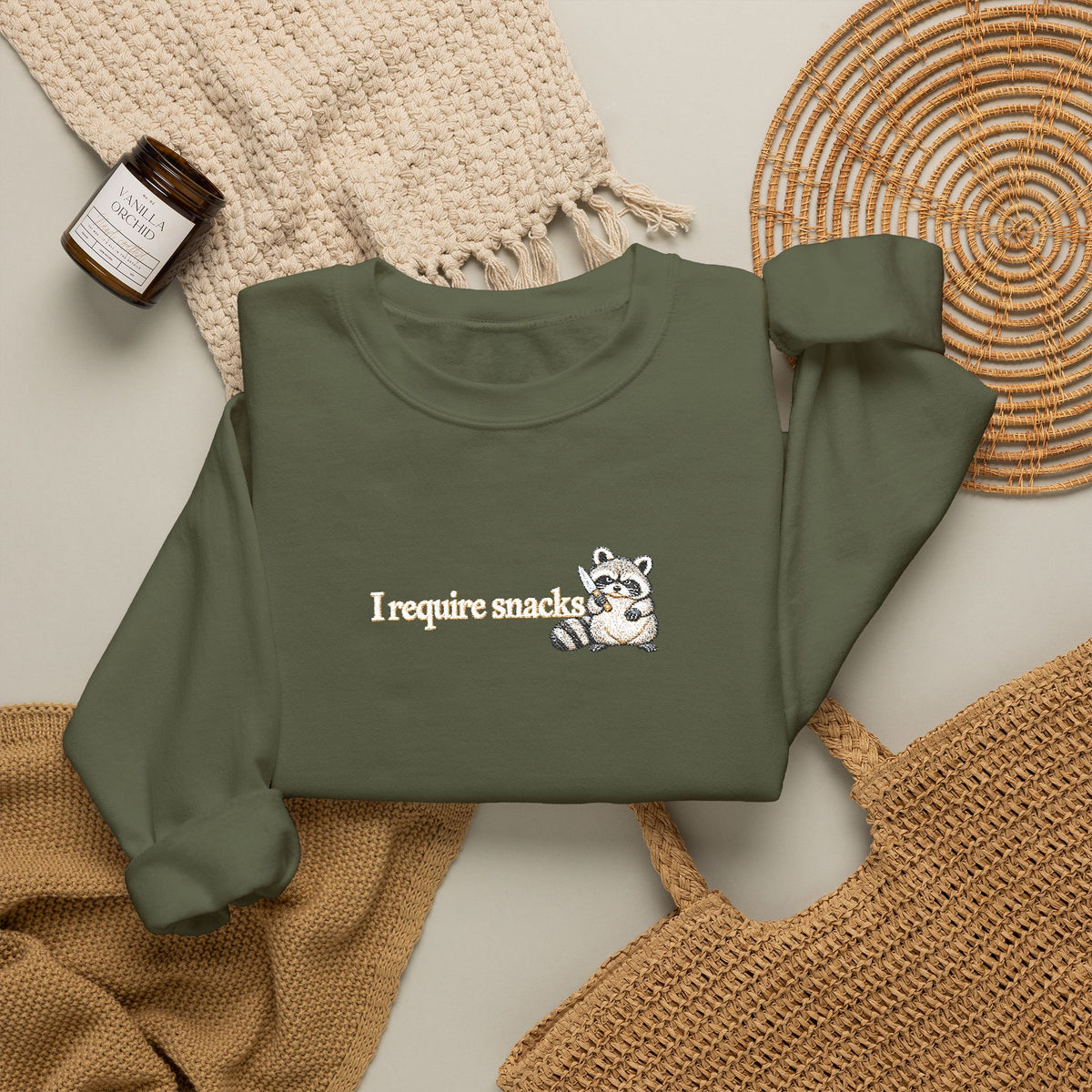 I Require Snacks Embroidered Sweatshirt, Funny Raccoon Sweatshirt, Minimalist Embroidery, Sarcastic Animal Lover Gift, Cozy Crewneck