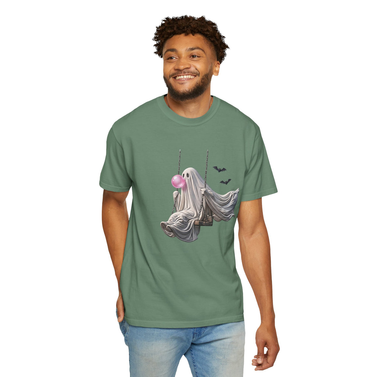 Ghost on Swing Tee Shirt | Cute Halloween Ghost Blowing Bubblegum, Bats