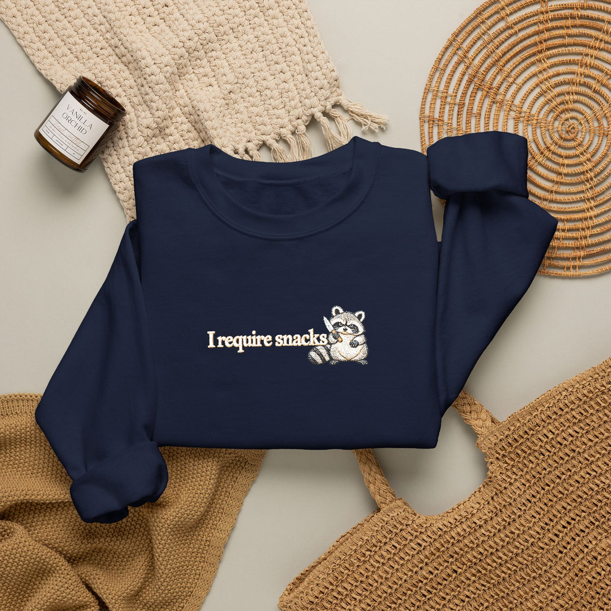 I Require Snacks Embroidered Sweatshirt, Funny Raccoon Sweatshirt, Minimalist Embroidery, Sarcastic Animal Lover Gift, Cozy Crewneck