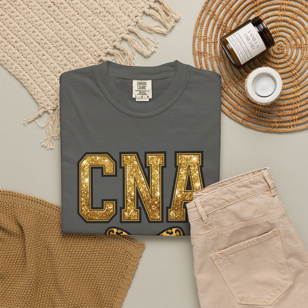 CNA Leopard Bow T Shirt Sparkle Gold Nurse Aide Tee