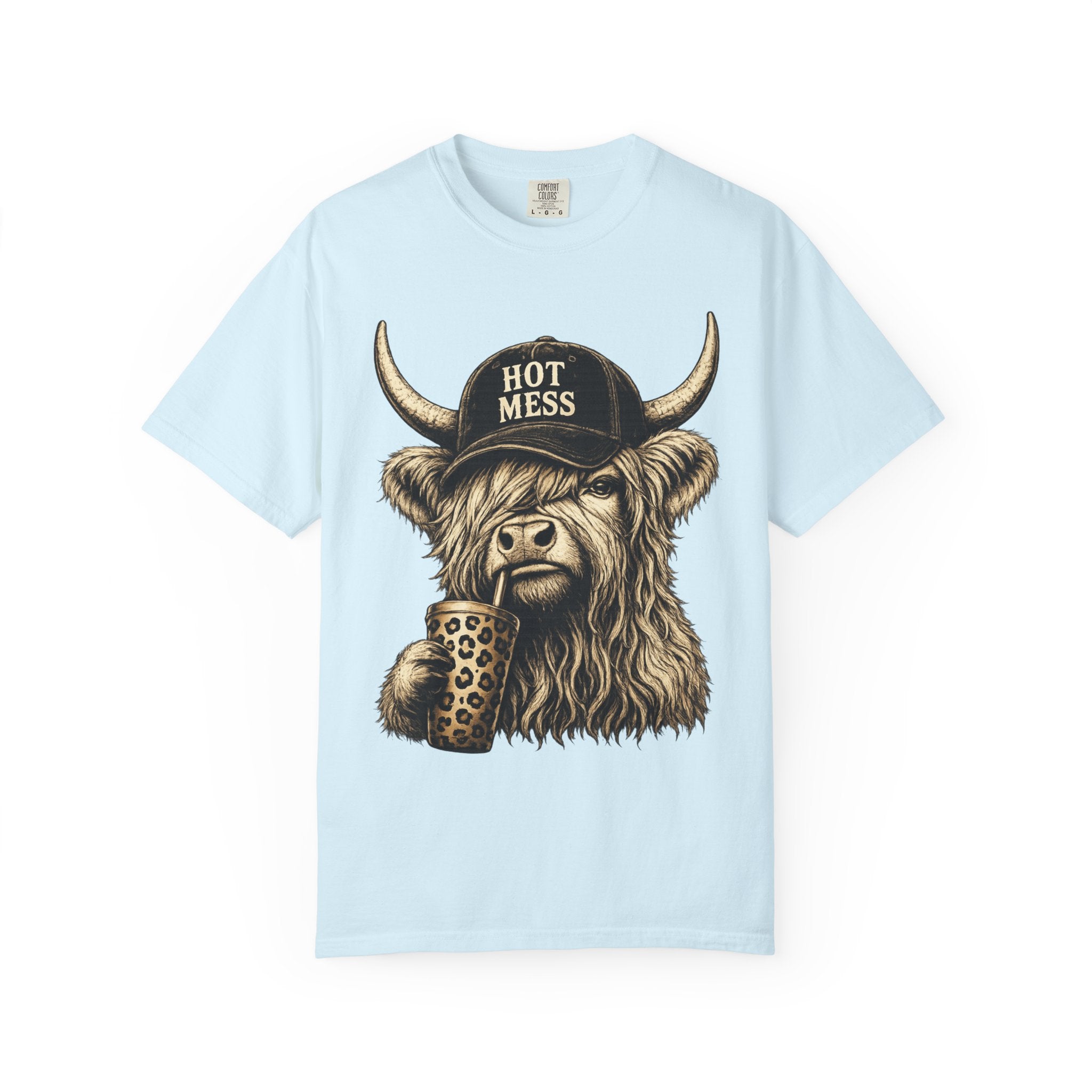 Hot Mess Highland Cow T Shirt Funny Cow with Coffee Graphic
