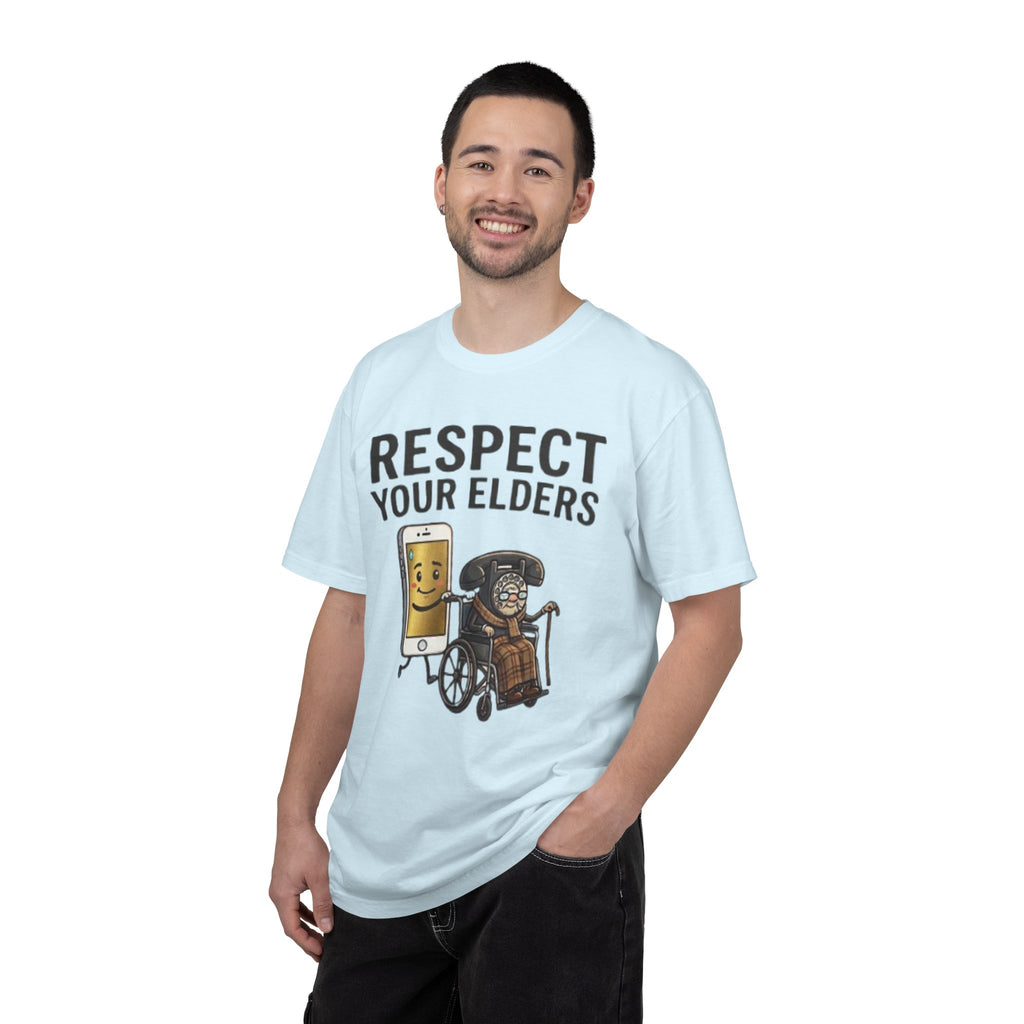 Respect Your Elders T-Shirt  Funny Retro Phone and Wheelchair Graphic Tee