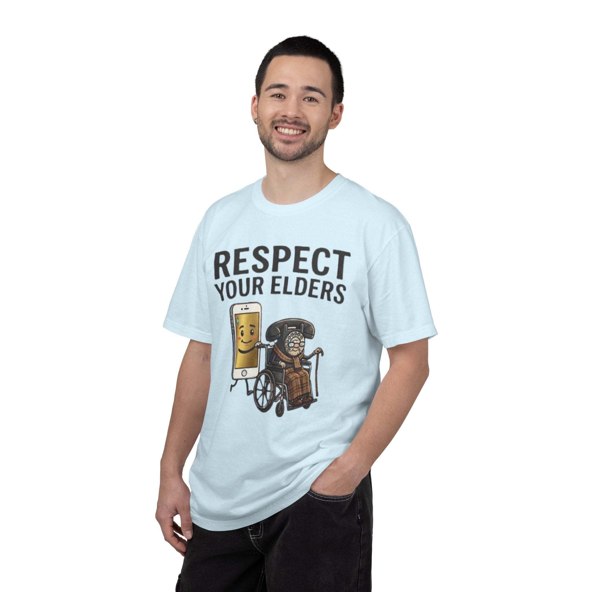 Respect Your Elders T-Shirt  Funny Retro Phone and Wheelchair Graphic Tee
