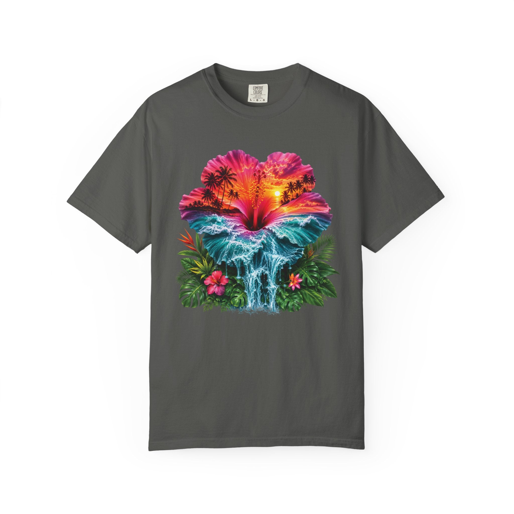 T Shirt Tropical Hibiscus Waterfall Sunset Graphic Tee