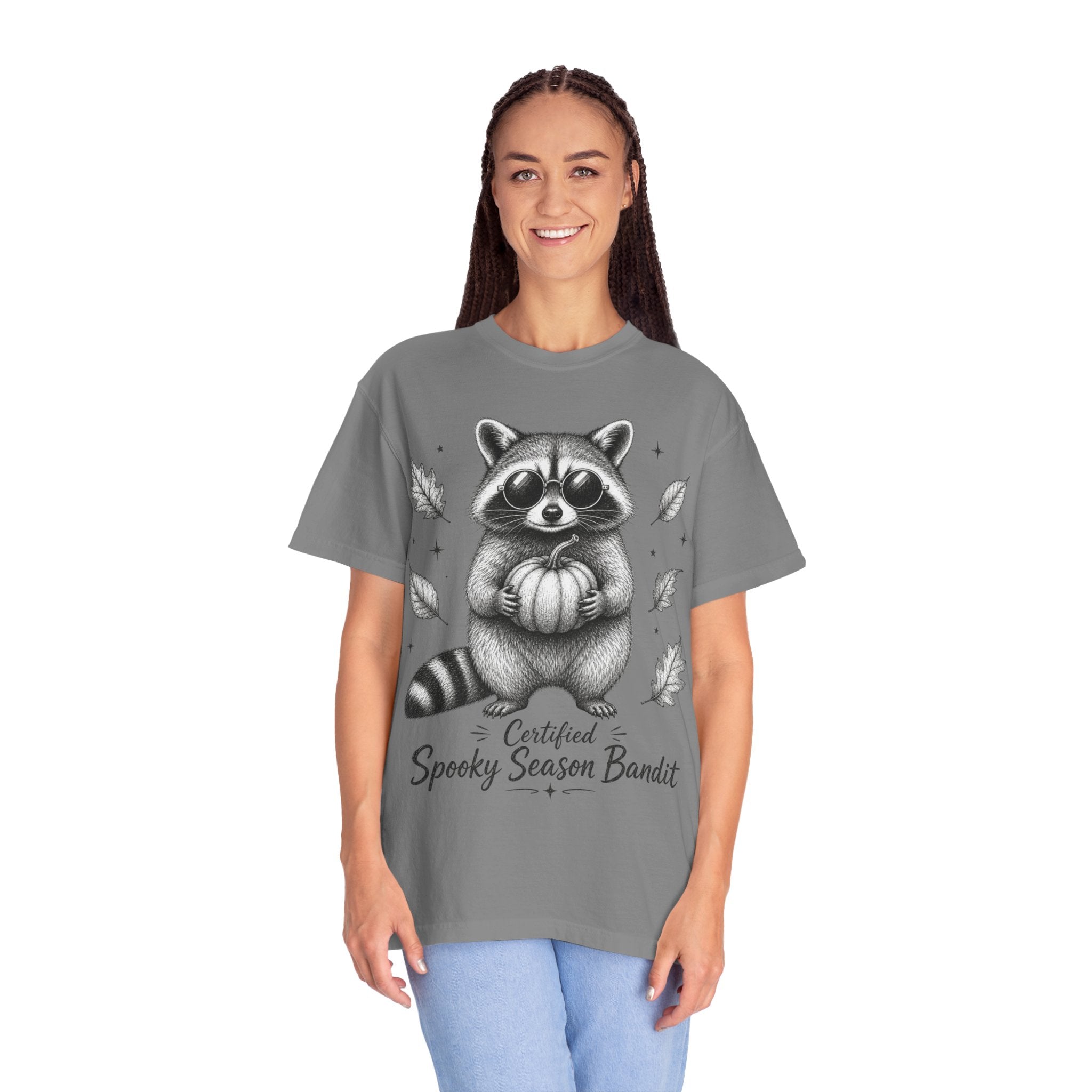 Spooky Season Bandit T Shirt Cute Raccoon Holding Pumpkin Fall Tee