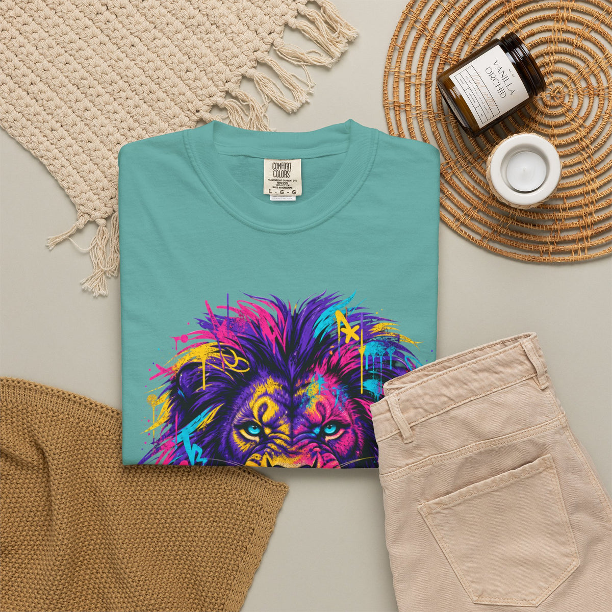 Colorful Roaring Lion T Shirt Vibrant Neon Animal Graphic Tee