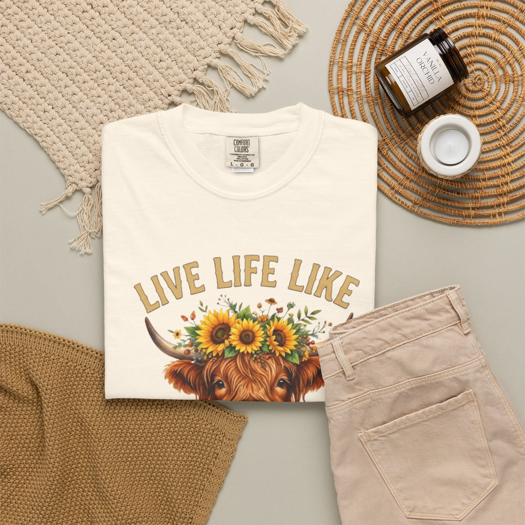 Live Life Like Someone Left the Gate Open Cow Tee Shirt Sunflower Highland Cattle Tee