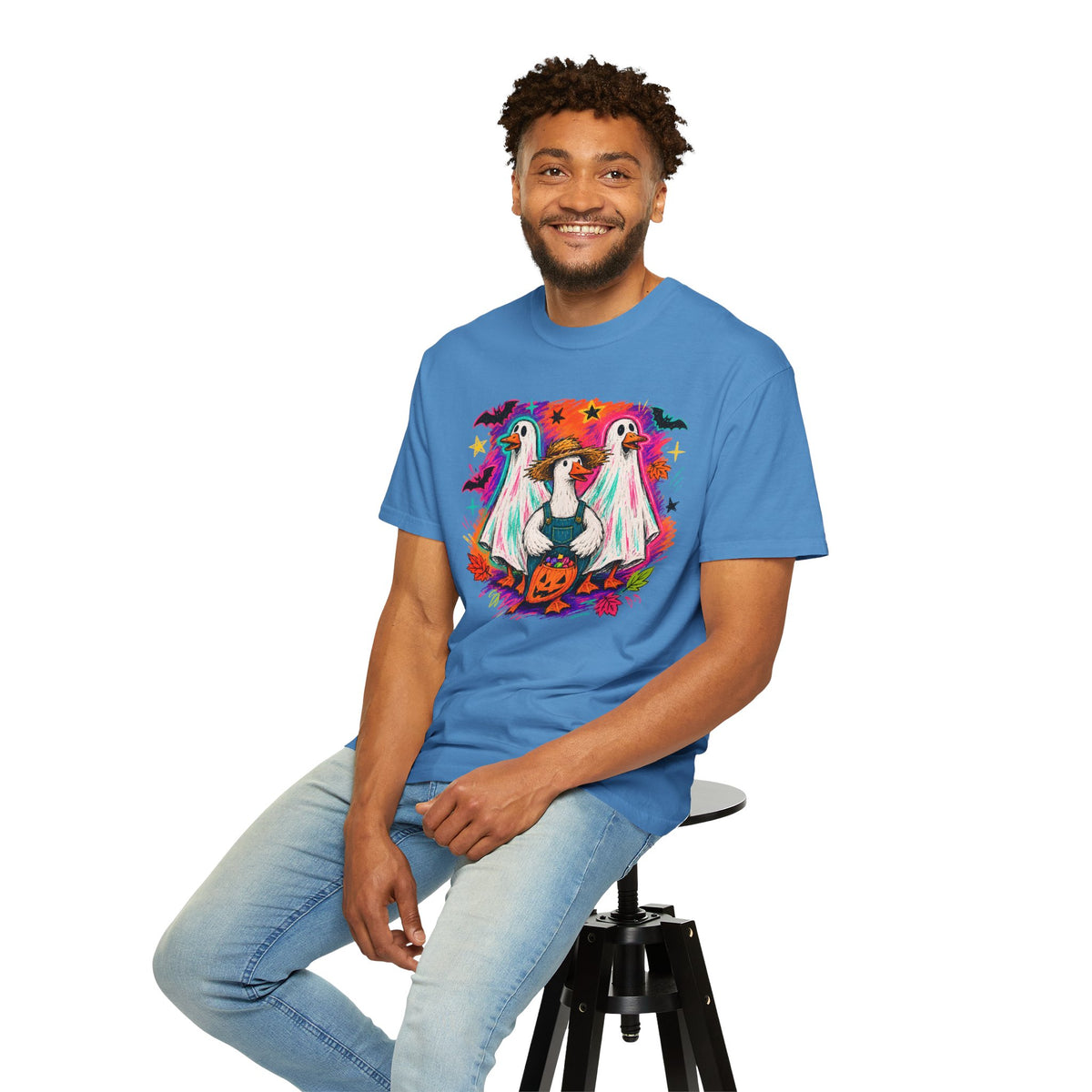 Halloween Goose T Shirt Cute Goose in Ghost Costume with Pumpkin Illustration