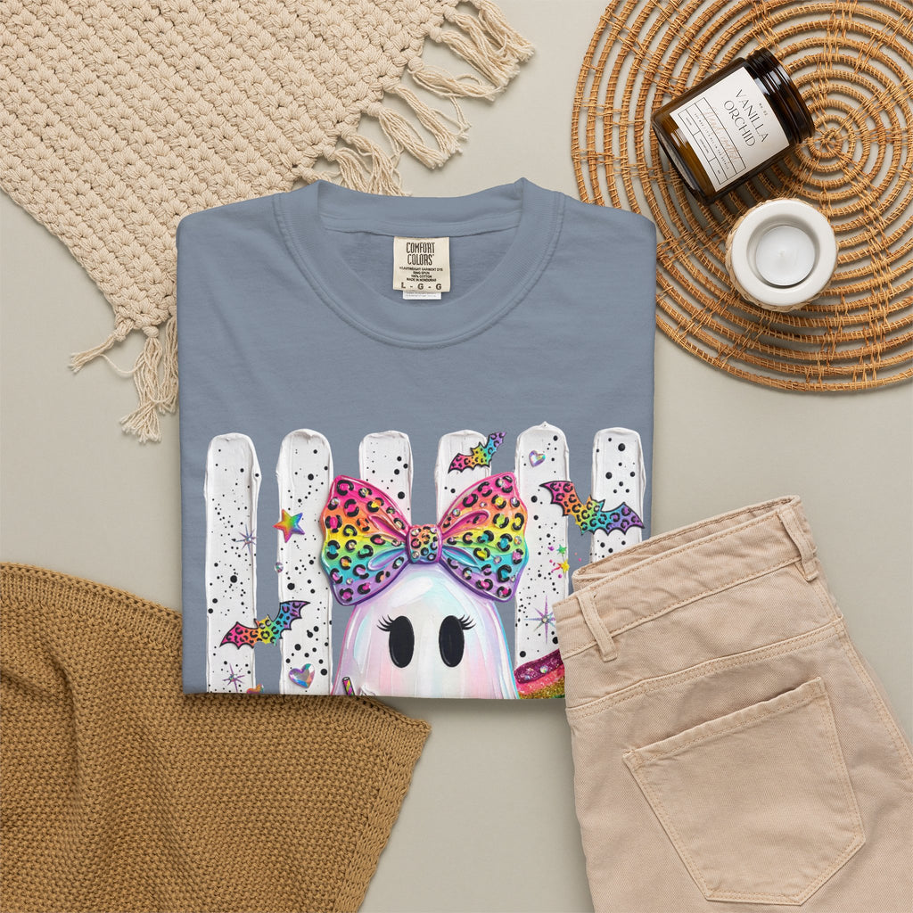 Halloween Rainbow Ghost T Shirt Cute Glittery Ghost with Rainbow Bow and Pumpkins