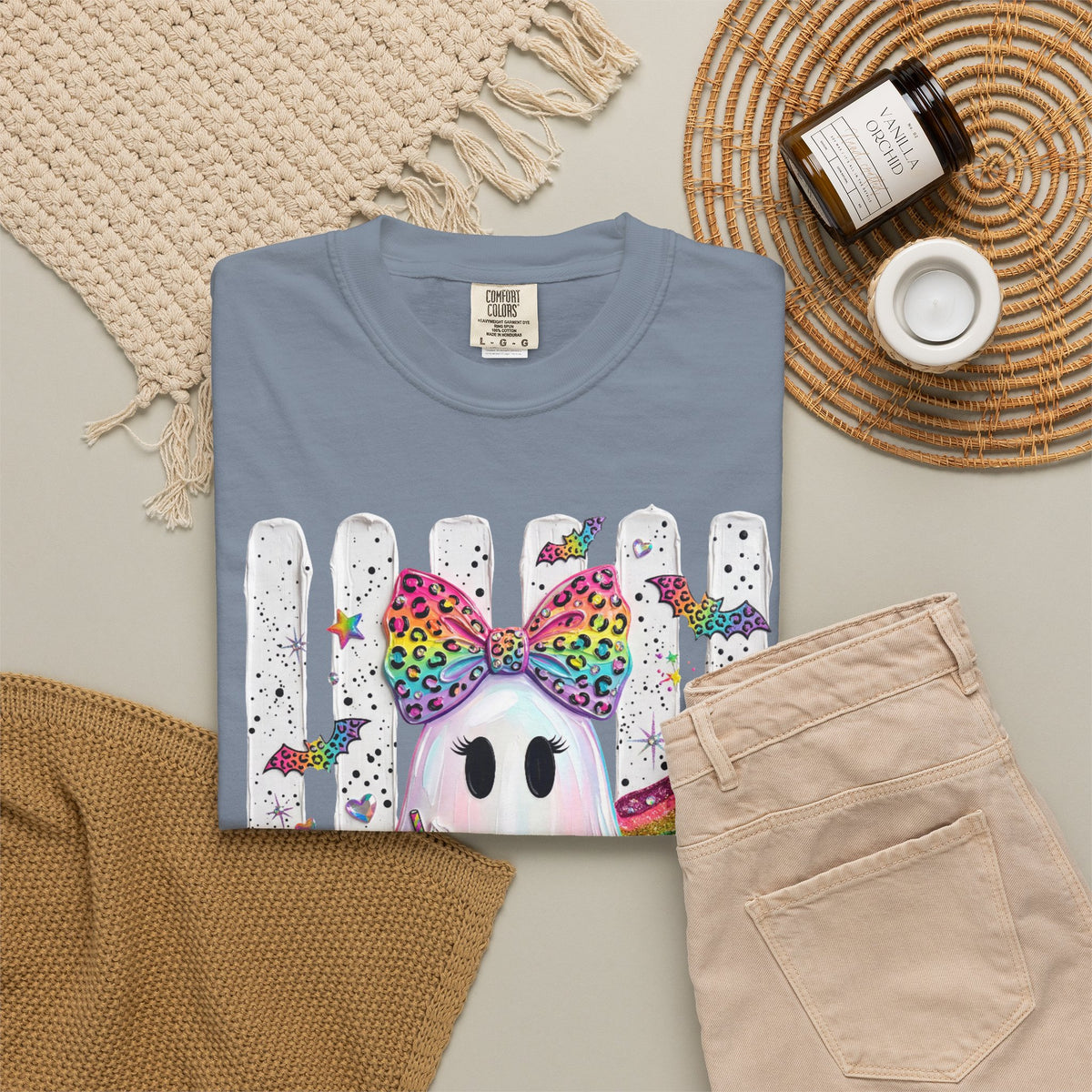 Halloween Rainbow Ghost T Shirt Cute Glittery Ghost with Rainbow Bow and Pumpkins
