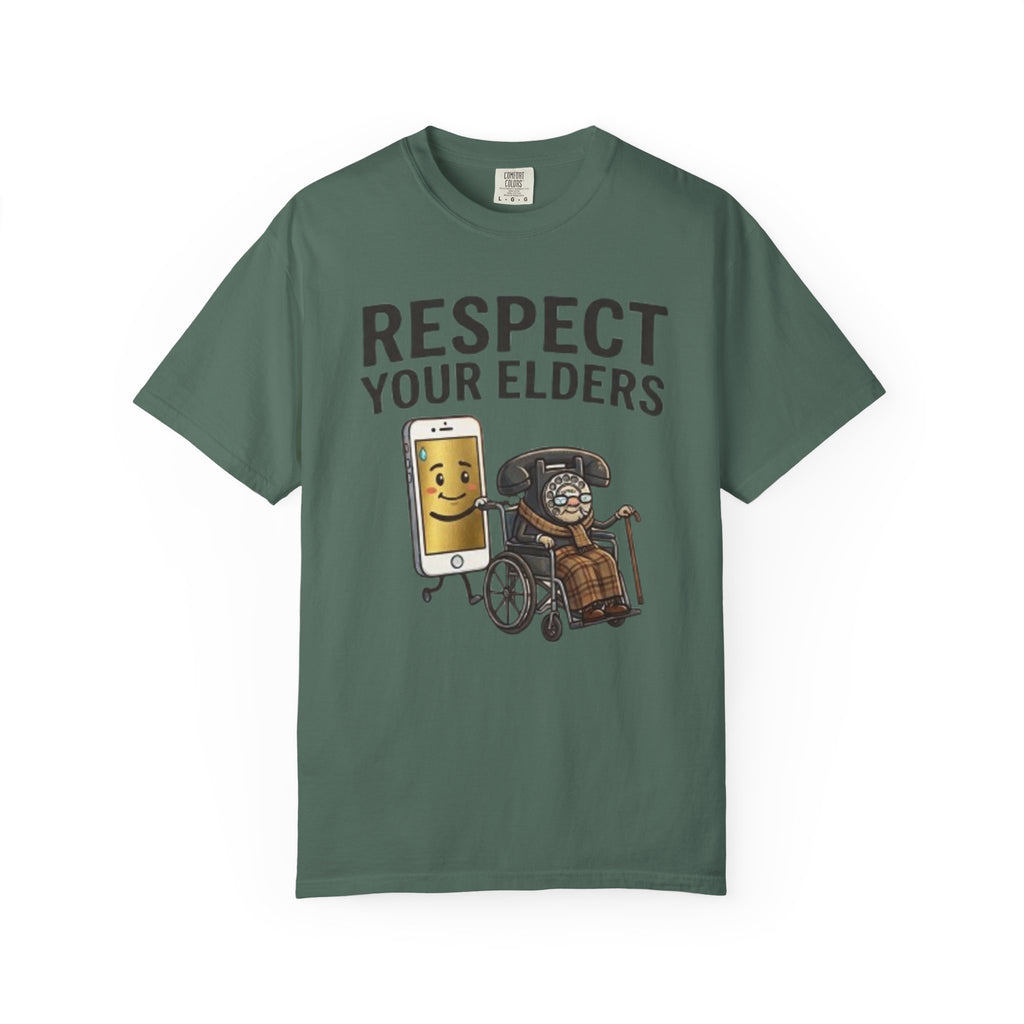 Respect Your Elders T-Shirt  Funny Retro Phone and Wheelchair Graphic Tee