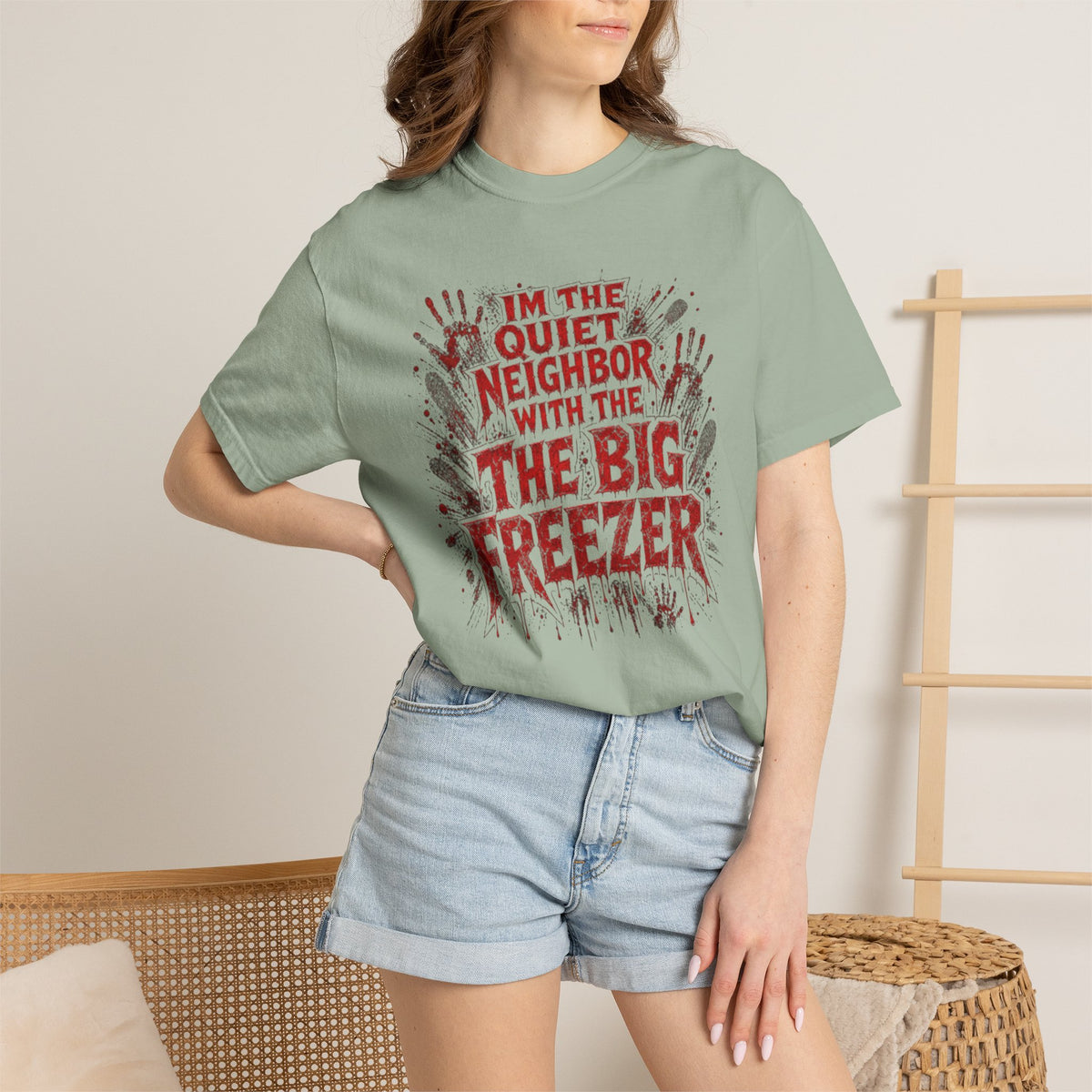 Graphic Tee Shirt Im the Quiet Neighbor with the Big Freezer Horror Handprint Tee