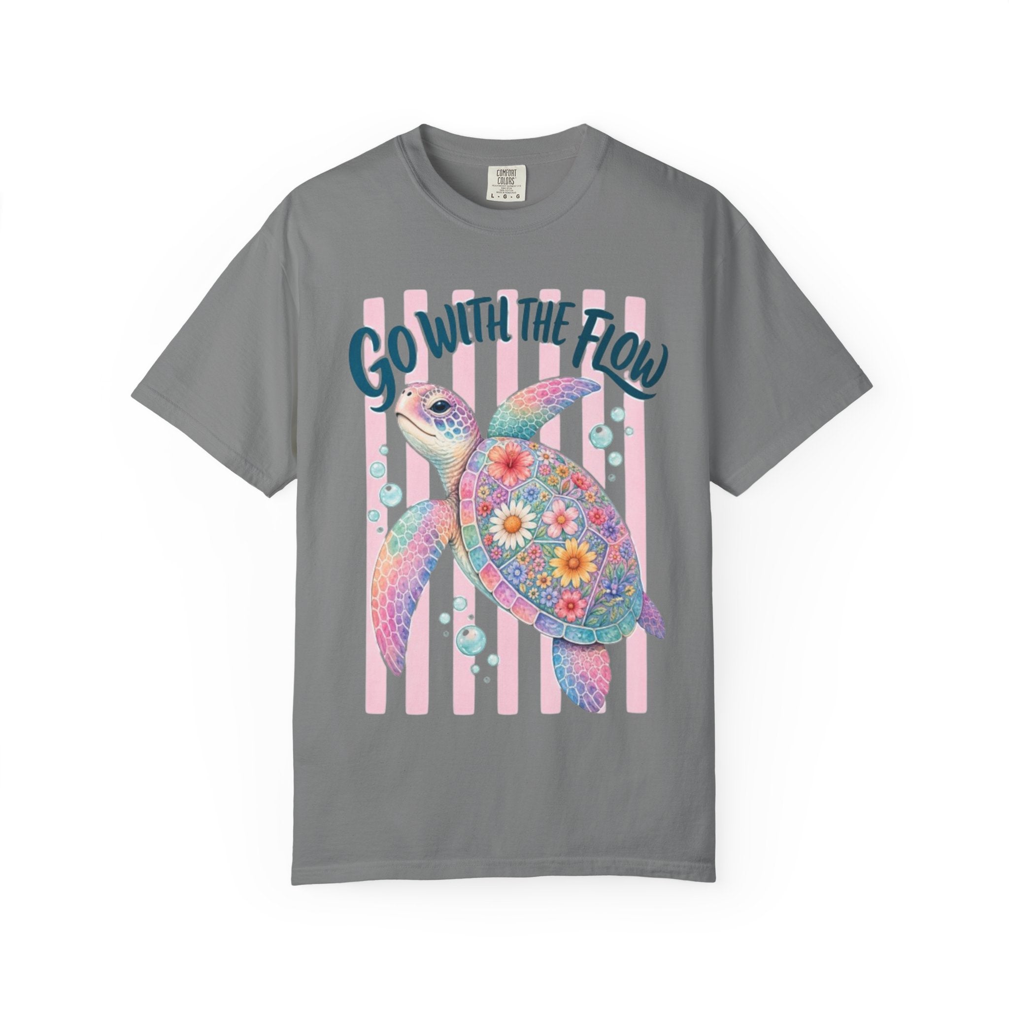 T-Shirt Go With The Flow Floral Sea Turtle Graphic Tee