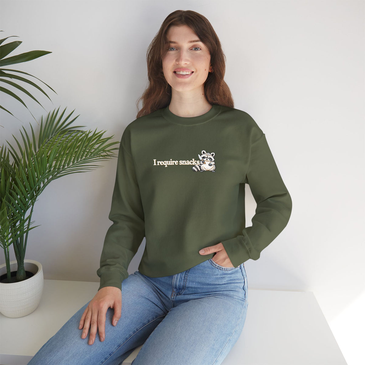 I Require Snacks Embroidered Sweatshirt, Funny Raccoon Sweatshirt, Minimalist Embroidery, Sarcastic Animal Lover Gift, Cozy Crewneck