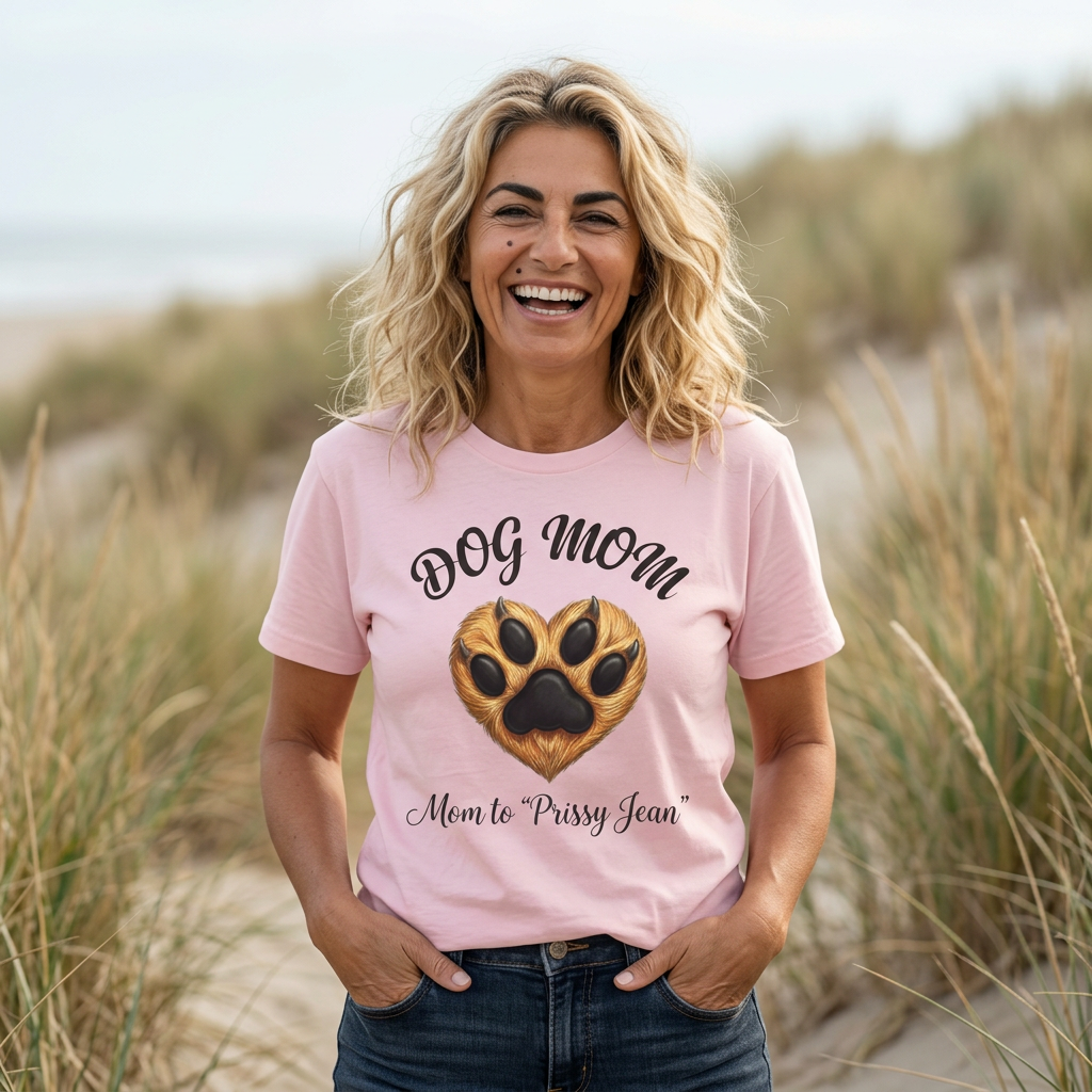 Dog Mom T-Shirt Heart Paw Print Mom to your DOGS name Pet Lover Tee