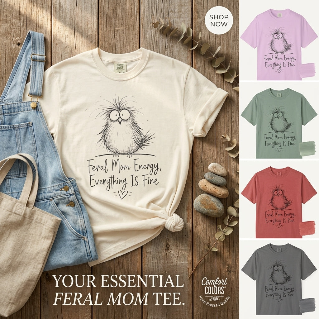 Feral Mom Energy Tee Shirt Cute Fluffy Bird Graphic Tee
