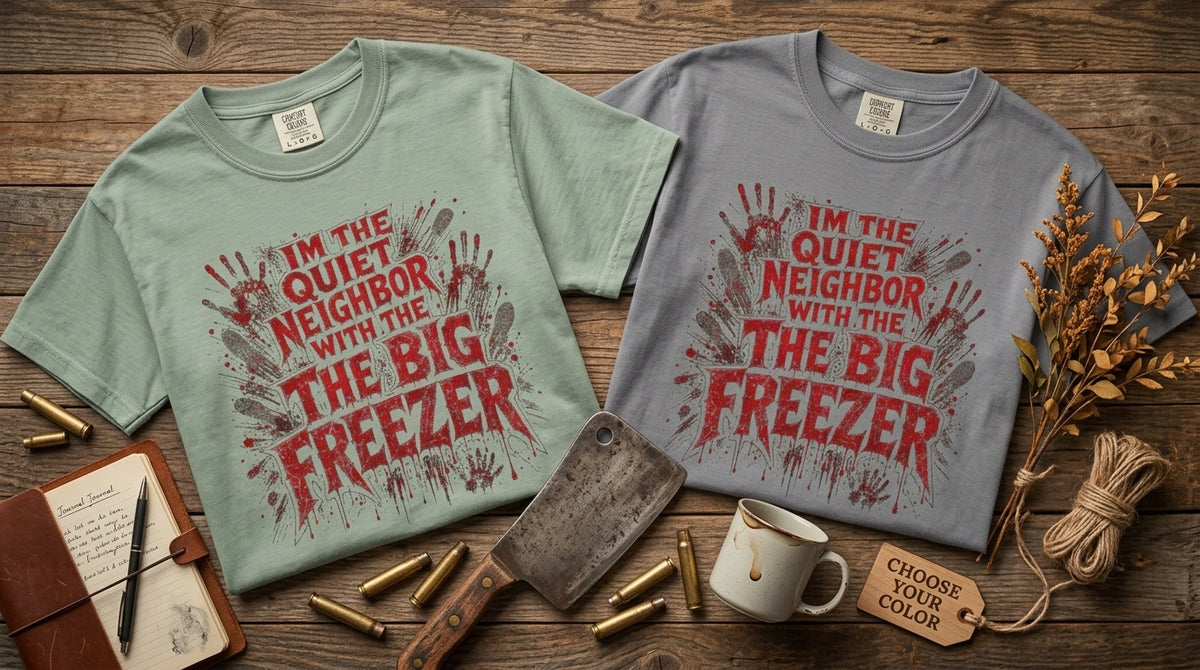 Graphic Tee Shirt Im the Quiet Neighbor with the Big Freezer Horror Handprint Tee