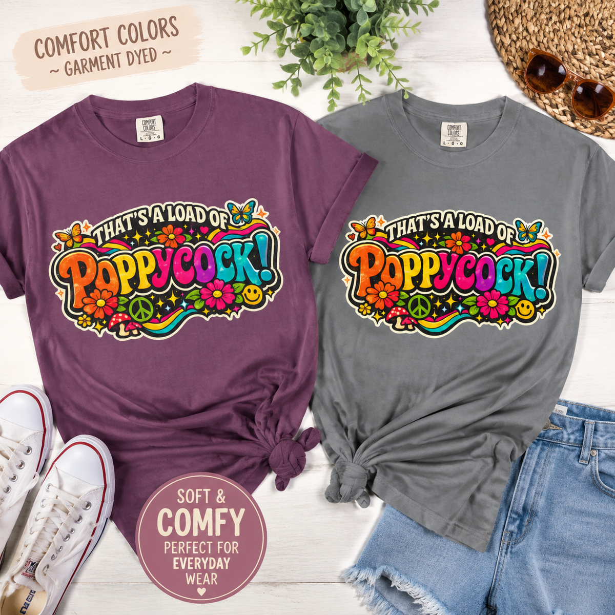 Poppycock Retro Hippie T Shirt  That’s a Load of Poppycock Colorful Vintage Floral Tee