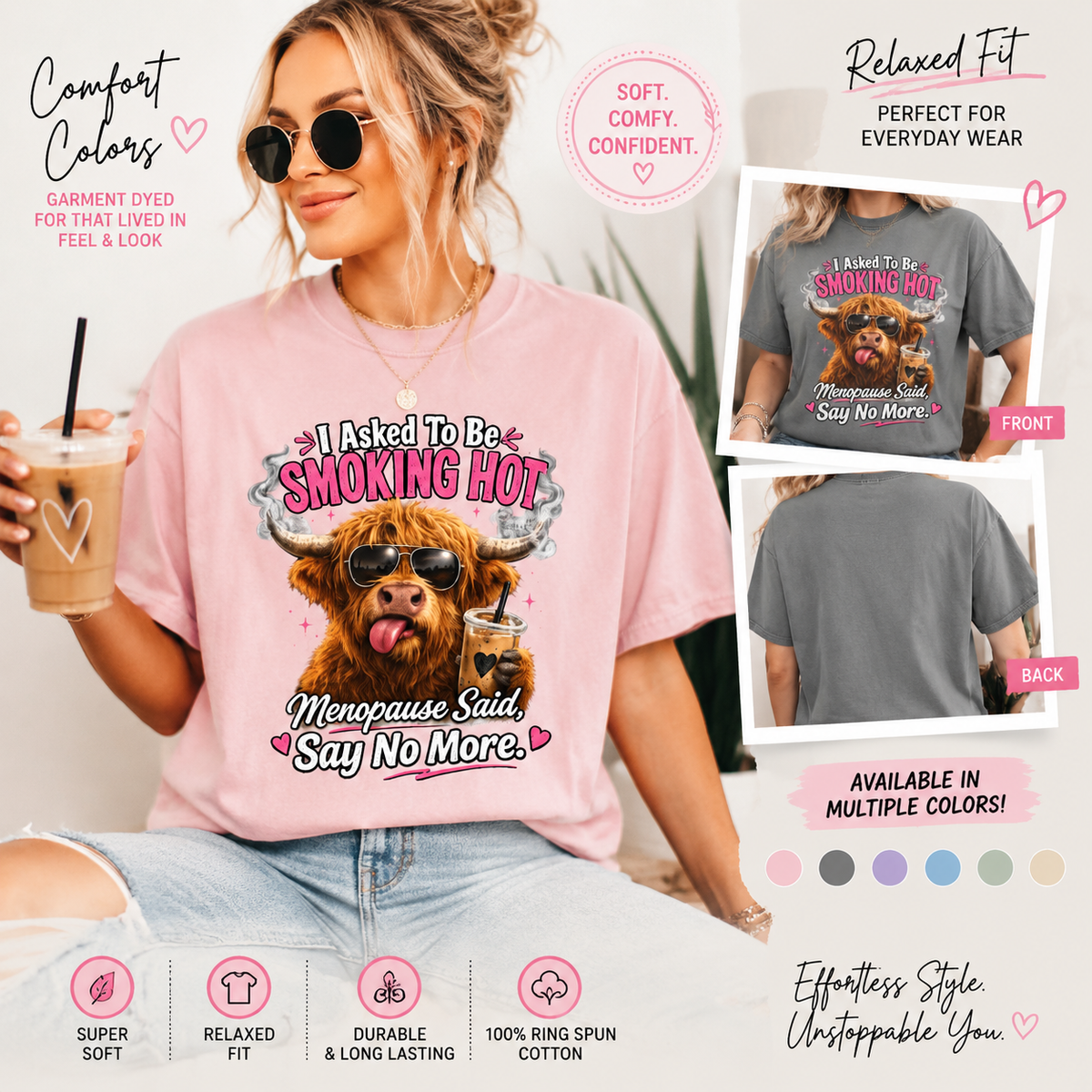Menopause Smoking Hot T-Shirt Funny Cow with Sunglasses & Drink