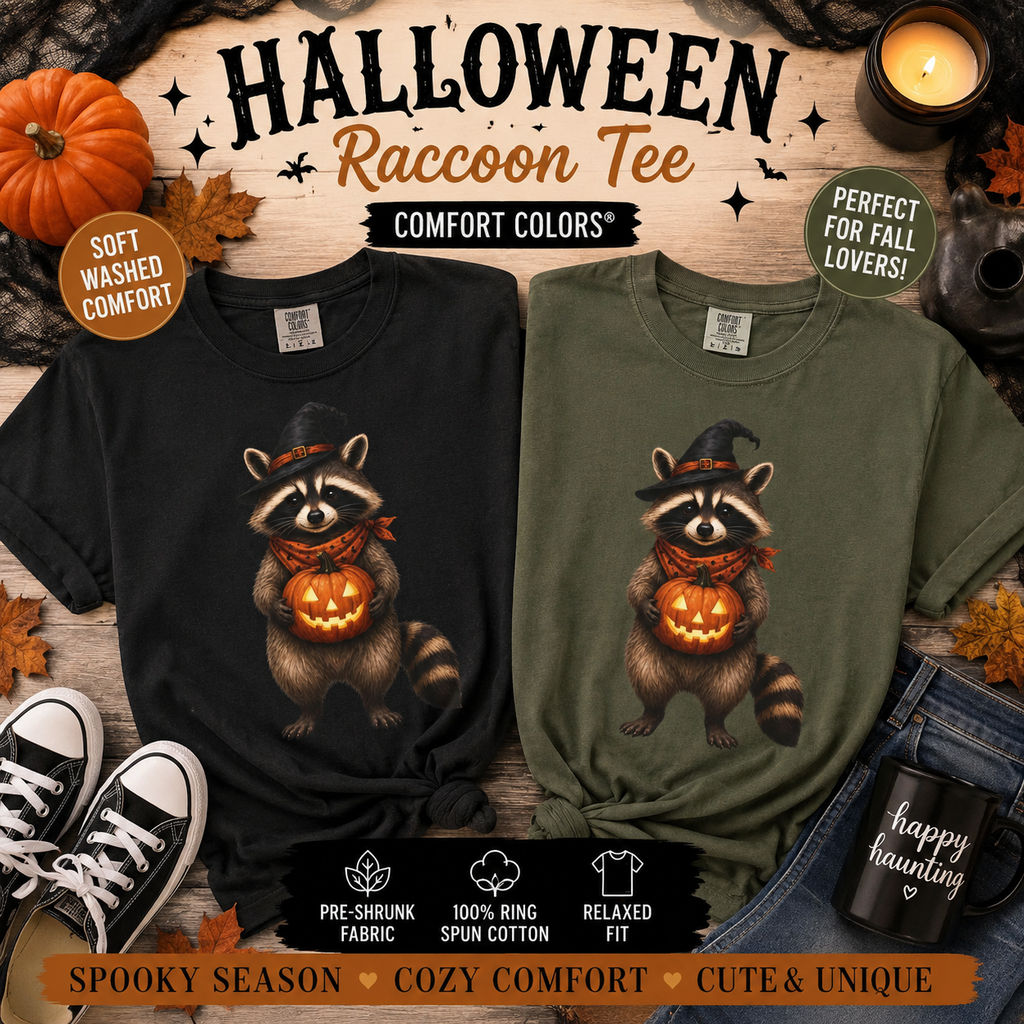 Raccoon Witch Halloween T Shirt Cute Pumpkin Trick-or-Treat Tee