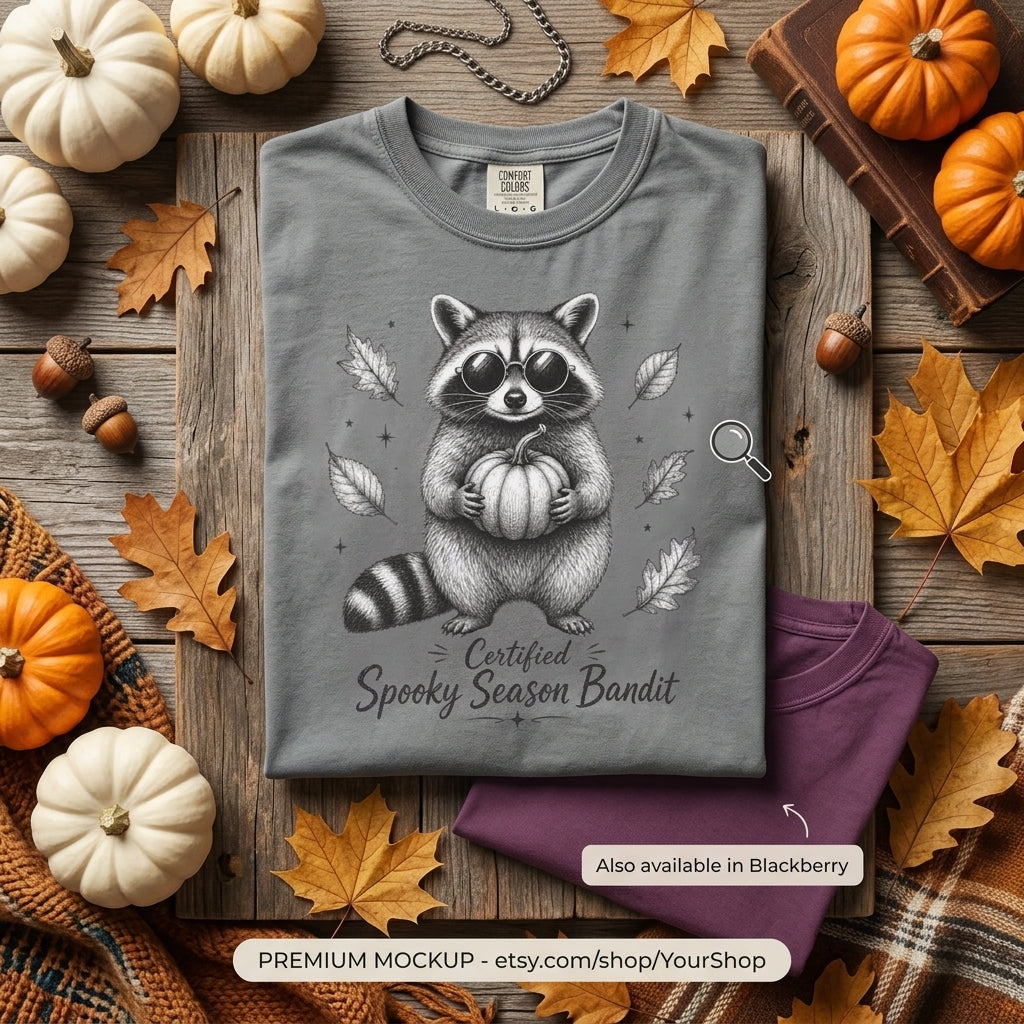 Spooky Season Bandit T Shirt Cute Raccoon Holding Pumpkin Fall Tee