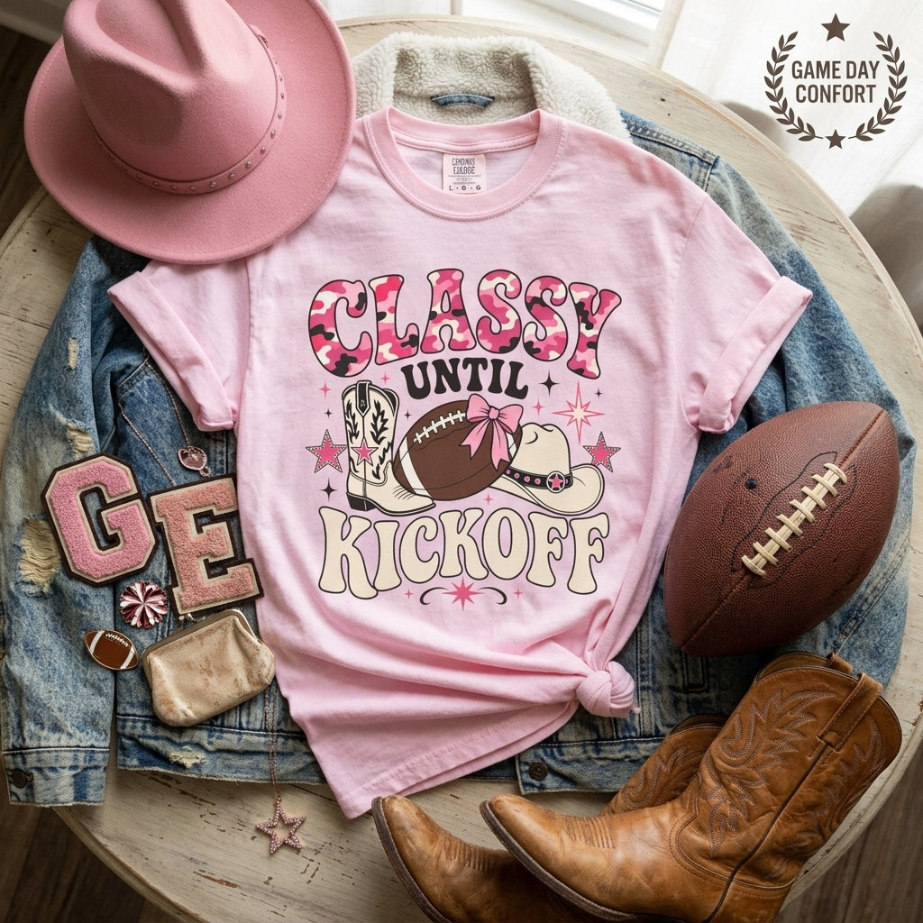 Classy Until Kickoff Football T Shirt Retro Cowgirl Game Day Tee