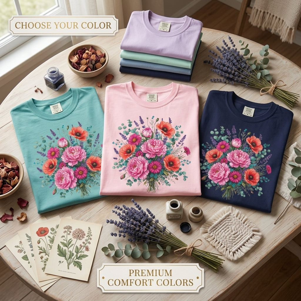 Floral Bouquet T Shirt  Pink Peony and Poppy Garden Tee