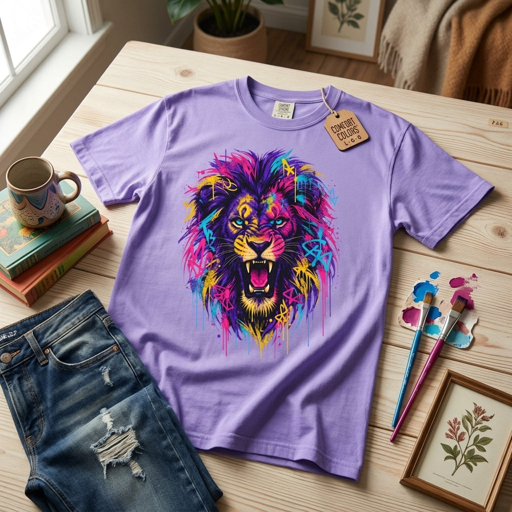Colorful Roaring Lion T Shirt Vibrant Neon Animal Graphic Tee