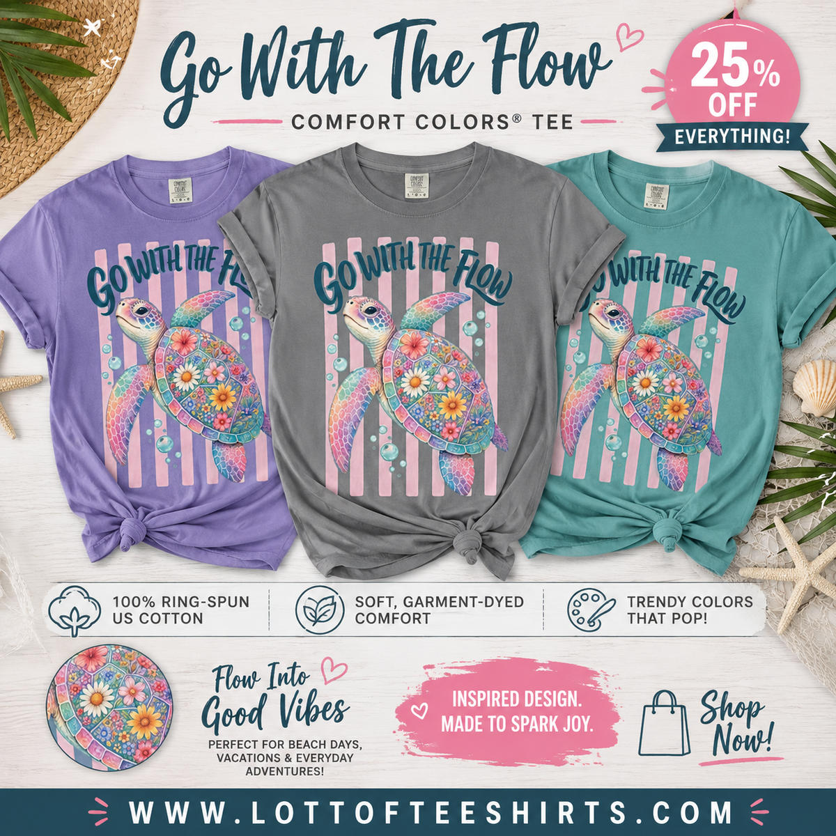 T-Shirt Go With The Flow Floral Sea Turtle Graphic Tee